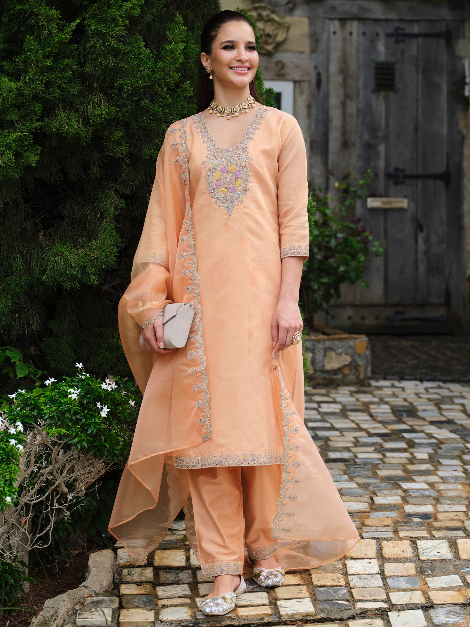 Indo Era Peach Embroidered Straight Kurta Trousers With Dupatta set- IE