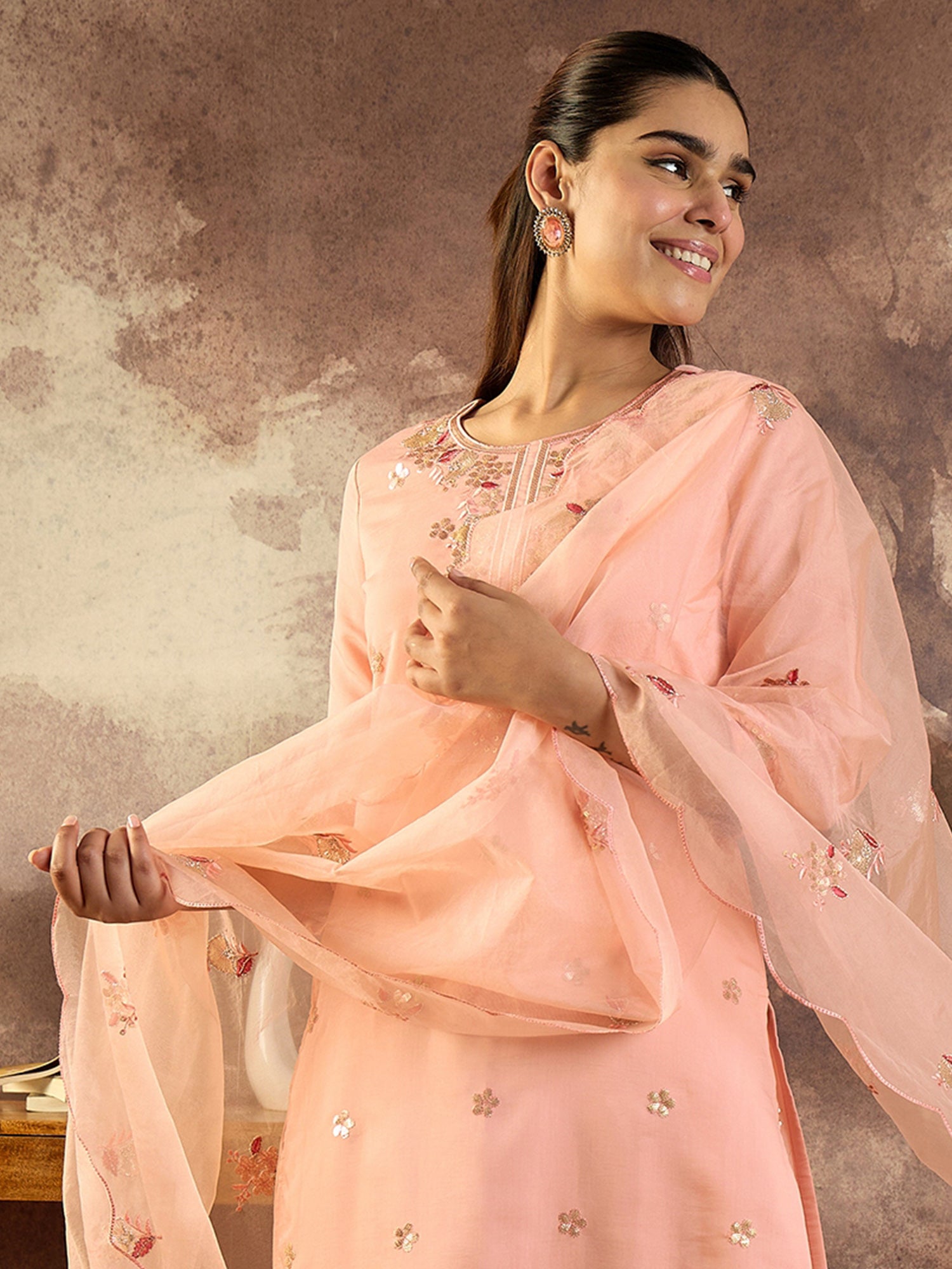 Indo Era Peach Embroidered Straight Kurta Trousers With Dupatta Set- IE