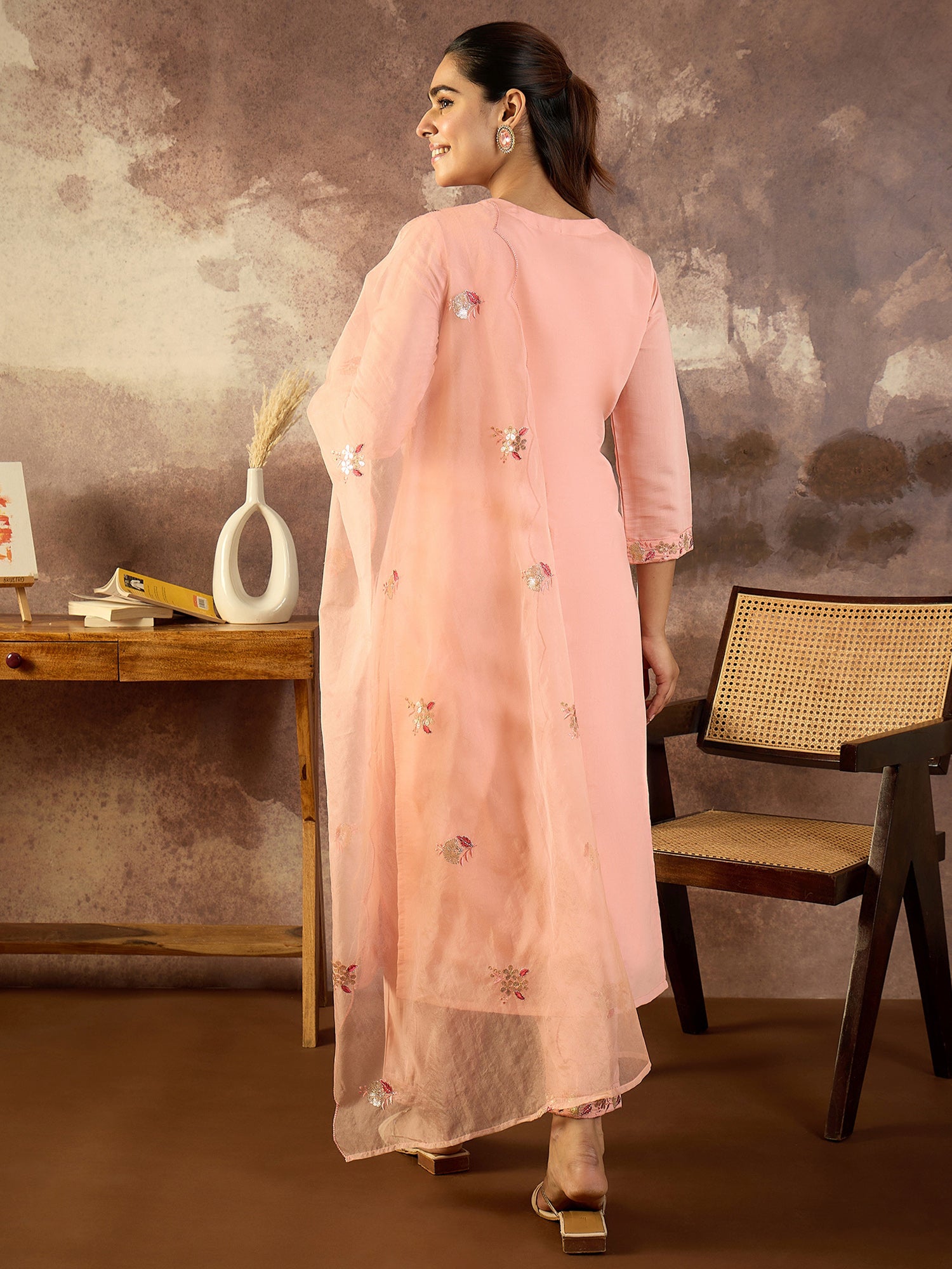 Indo Era Peach Embroidered Straight Kurta Trousers With Dupatta Set- IE