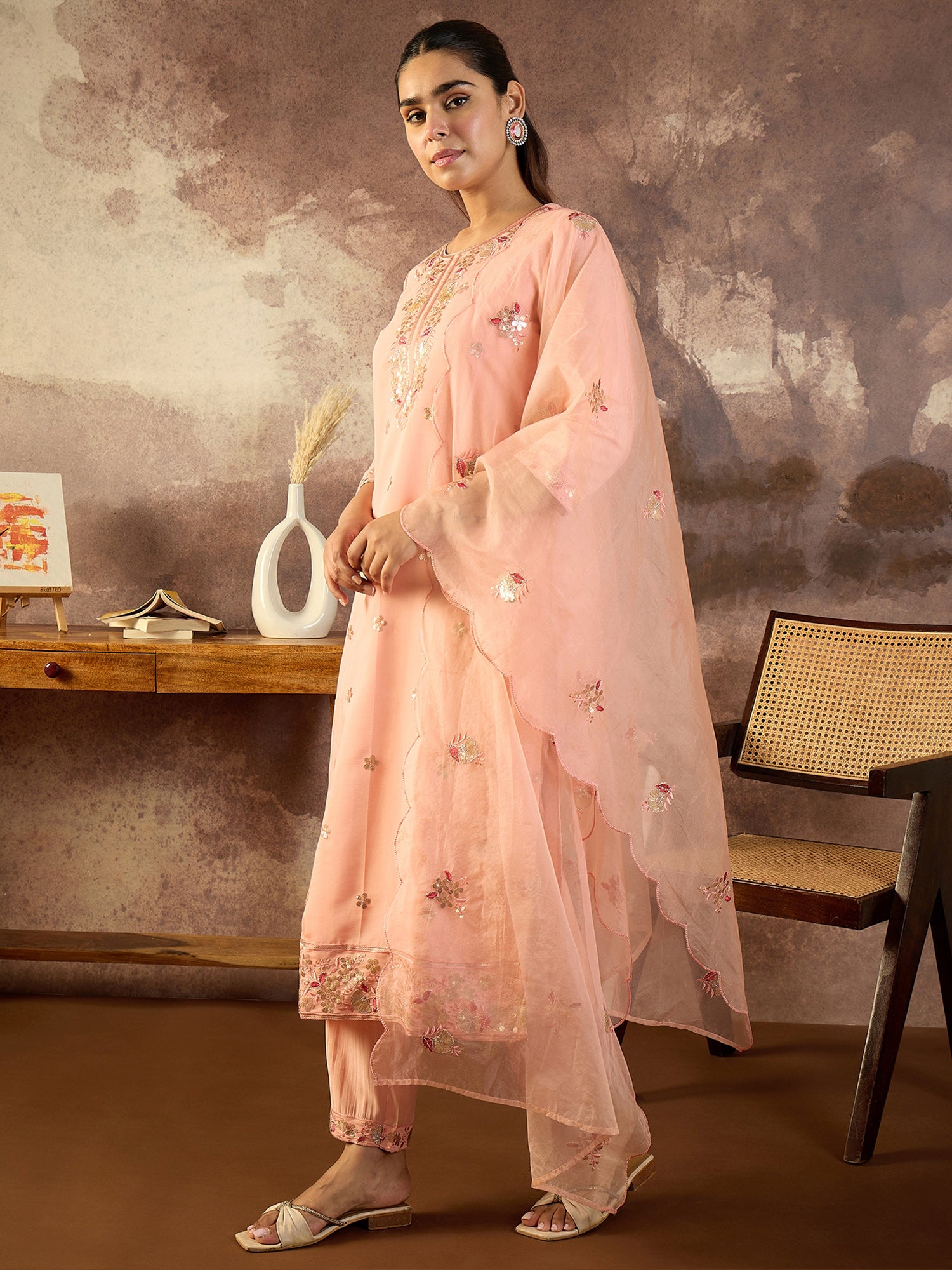 Indo Era Peach Embroidered Straight Kurta Trousers With Dupatta Set- IE