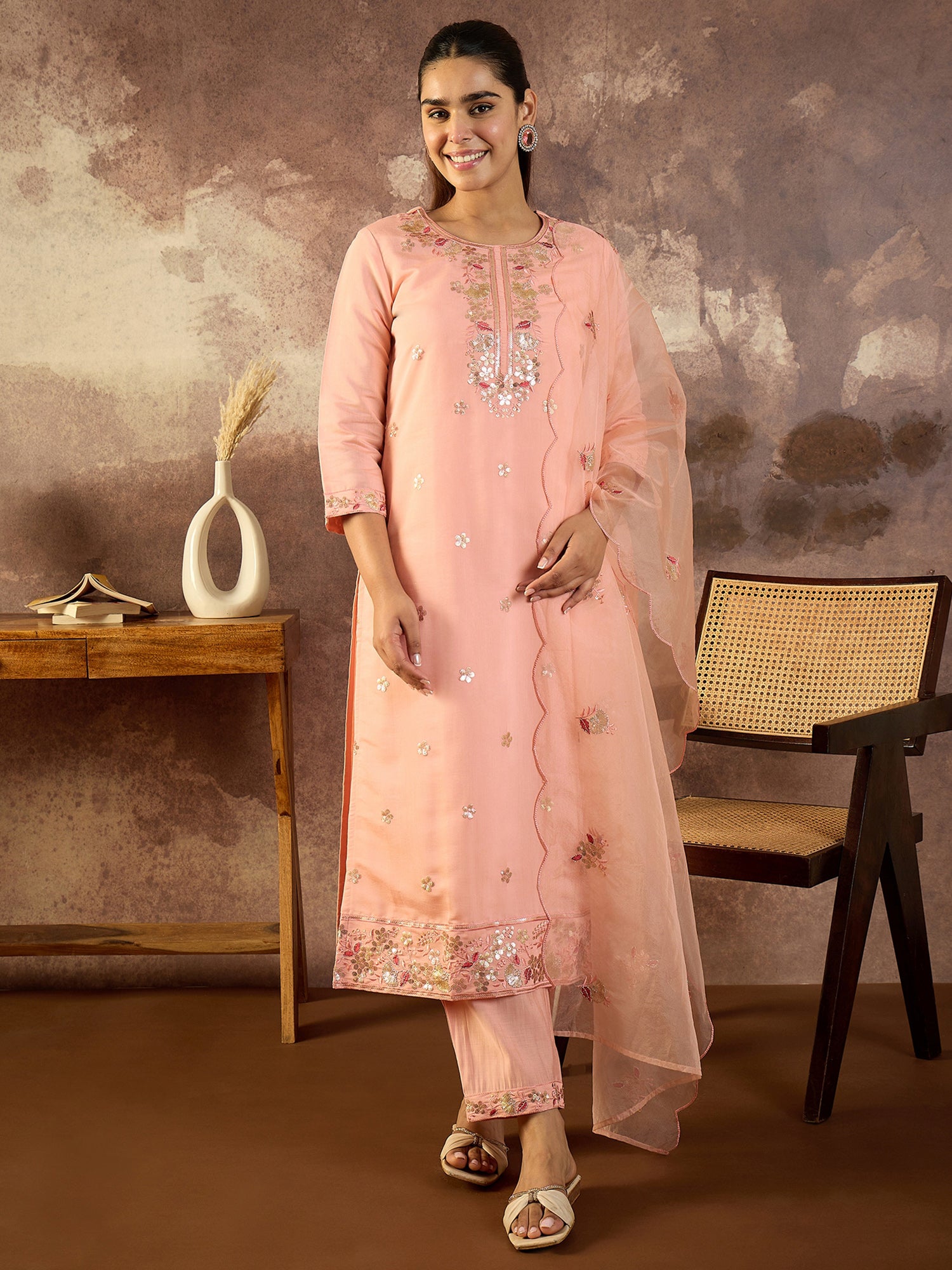 Indo Era Peach Embroidered Straight Kurta Trousers With Dupatta Set- IE