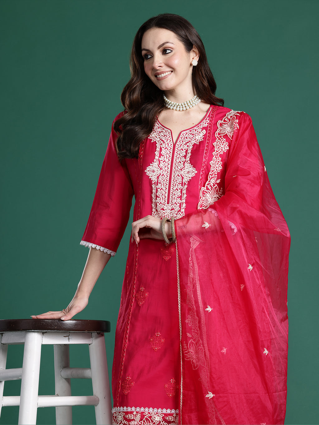 Indo Era Pink Embroidered Straight Kurta Trousers With Dupatta Set- IE