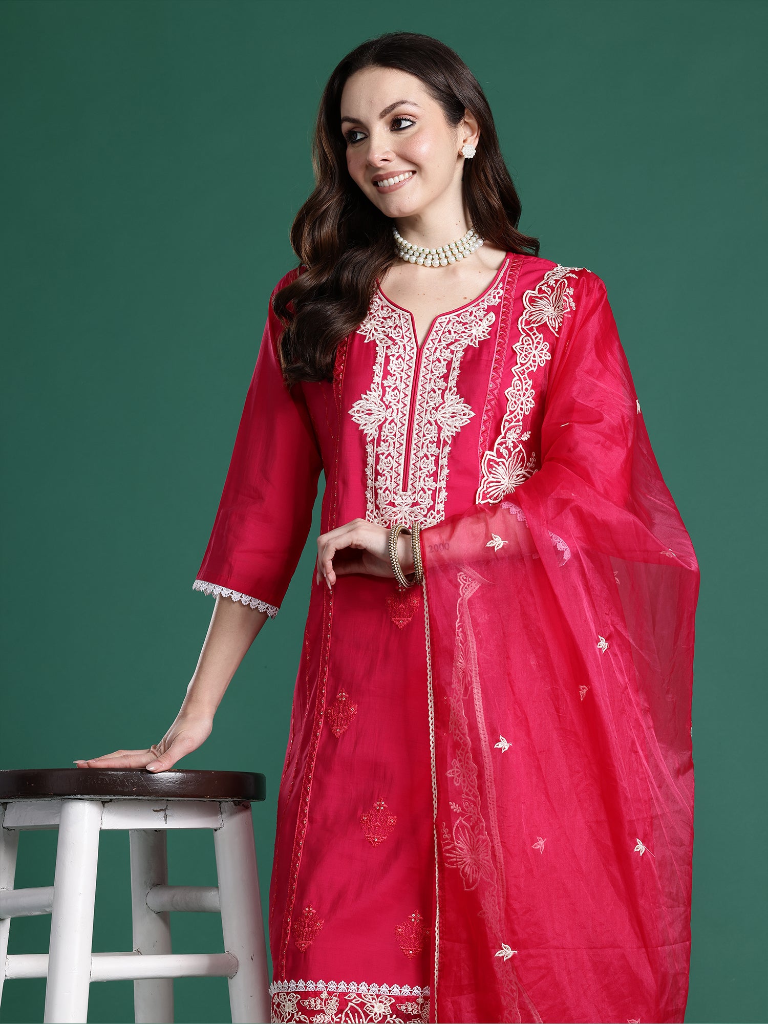 Indo Era Pink Embroidered Straight Kurta Trousers With Dupatta Set- IE