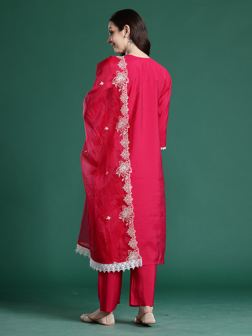 Indo Era Pink Embroidered Straight Kurta Trousers With Dupatta Set- IE