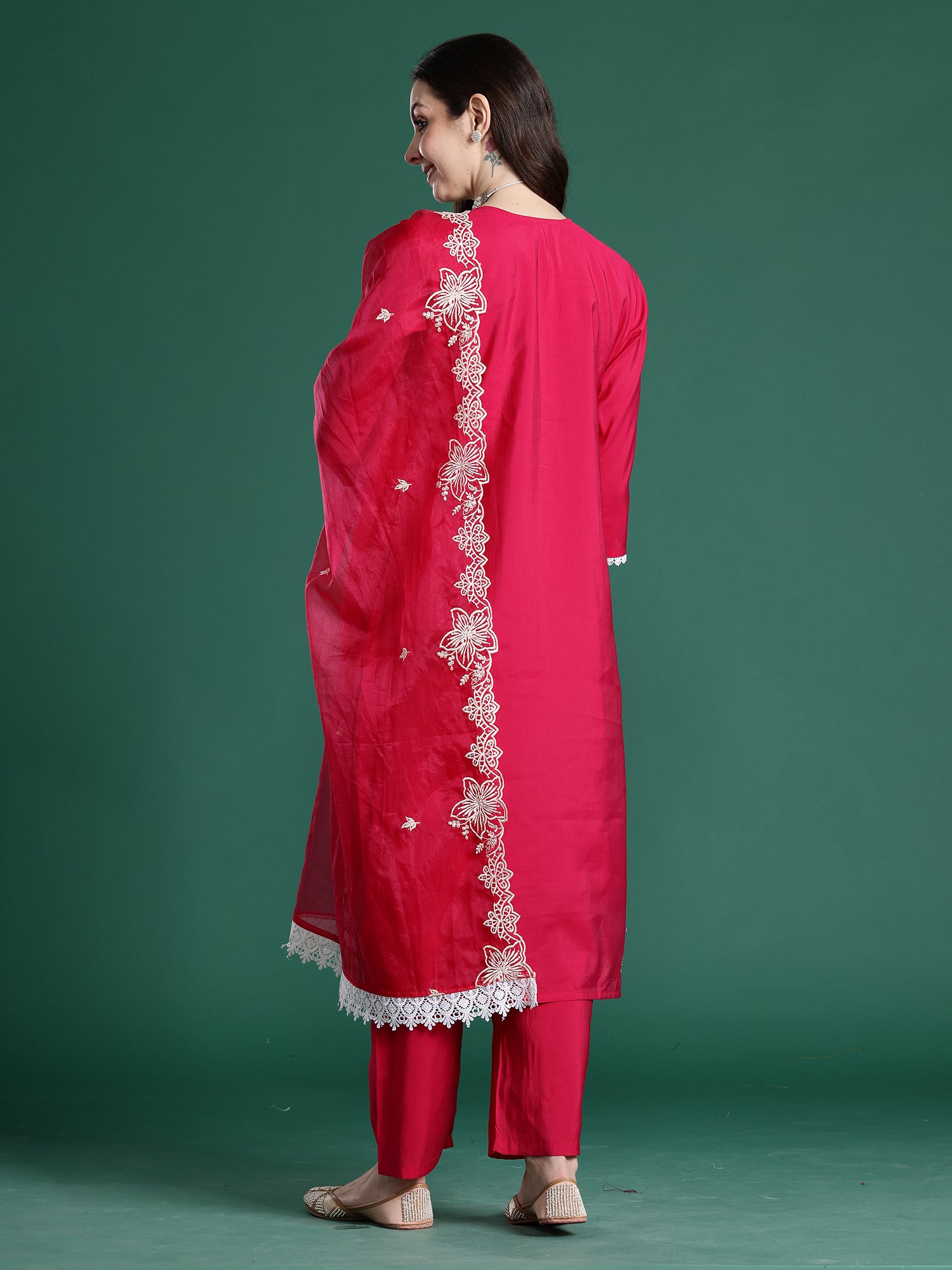 Indo Era Pink Embroidered Straight Kurta Trousers With Dupatta Set- IE