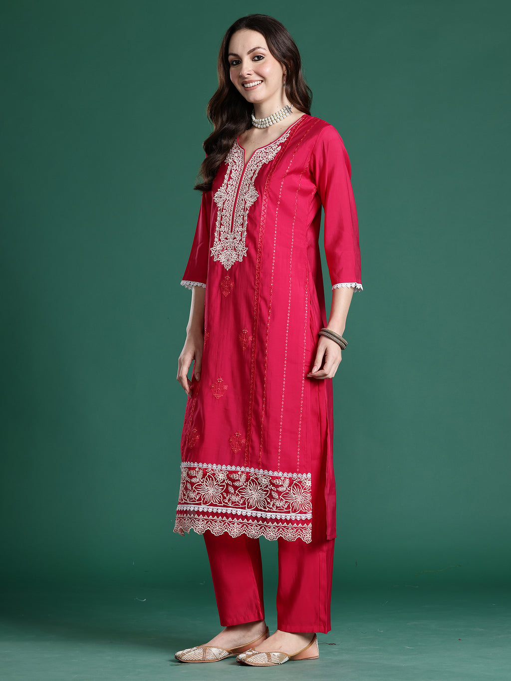 Indo Era Pink Embroidered Straight Kurta Trousers With Dupatta Set- IE