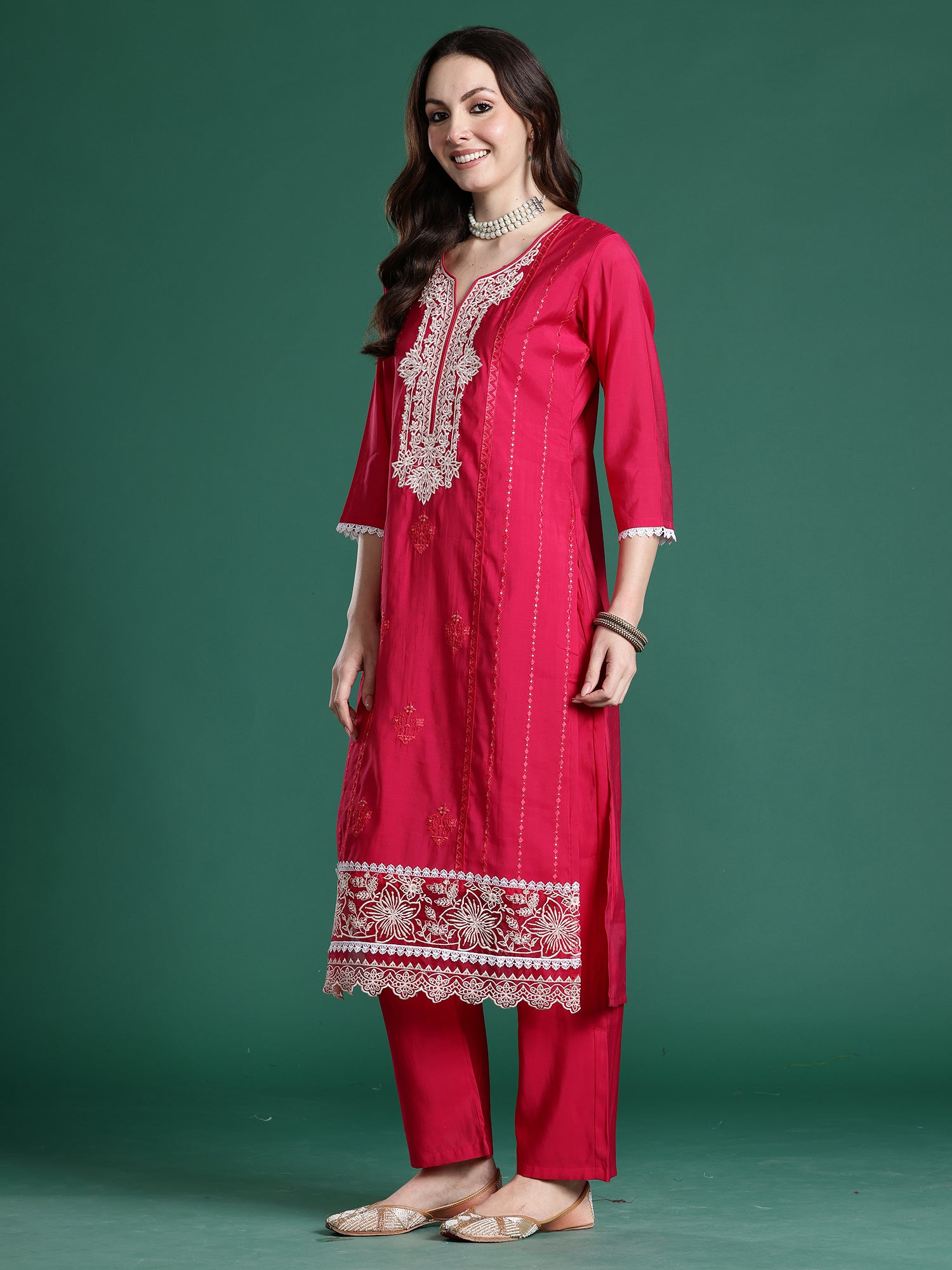 Indo Era Pink Embroidered Straight Kurta Trousers With Dupatta Set- IE