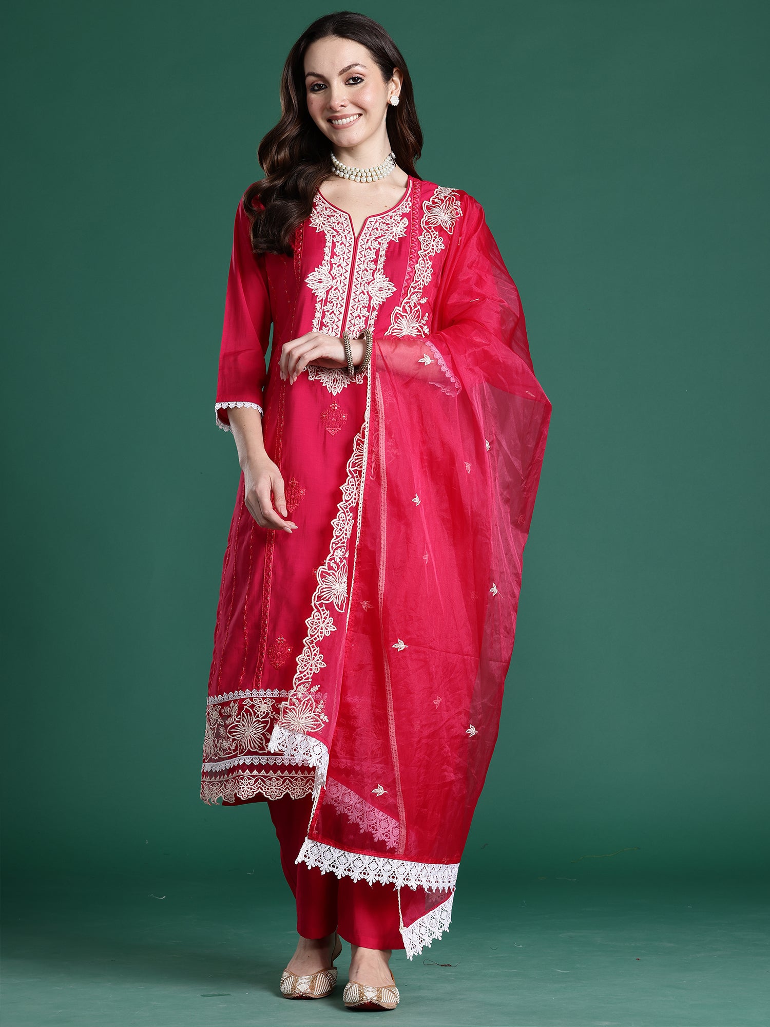 Indo Era Pink Embroidered Straight Kurta Trousers With Dupatta Set- IE