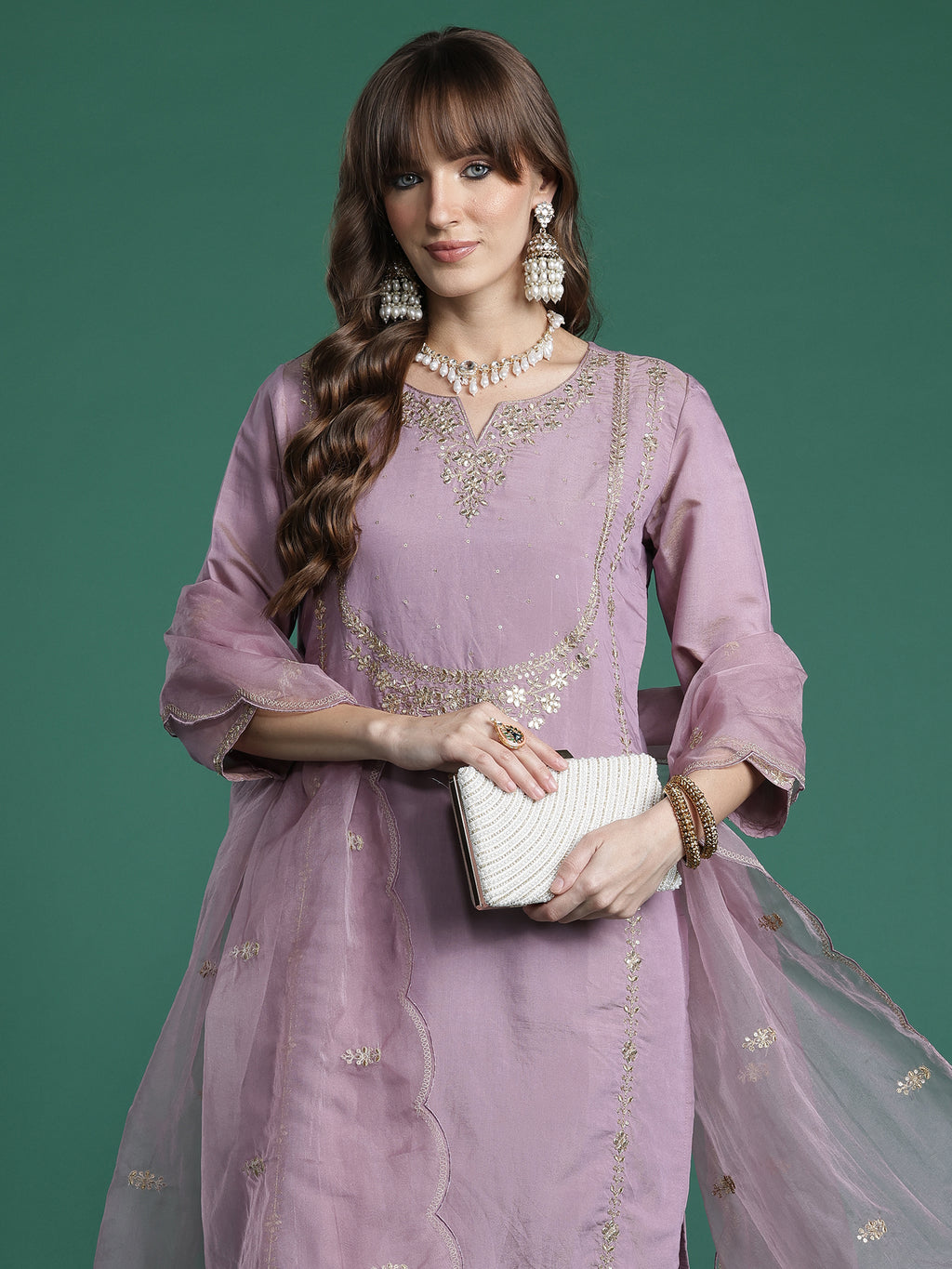 Indo Era Pink Embroidered Straight Kurta Trousers With Dupatta Set- IE