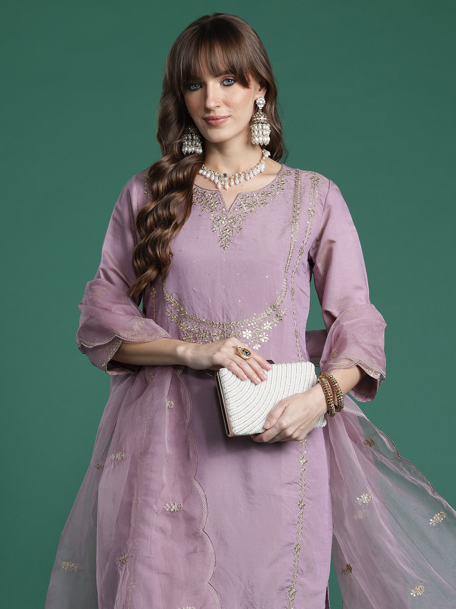 Indo Era Pink Embroidered Straight Kurta Trousers With Dupatta Set- IE