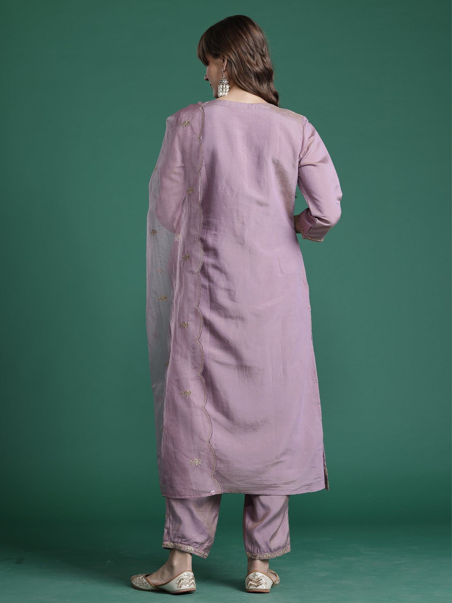 Indo Era Pink Embroidered Straight Kurta Trousers With Dupatta Set- IE