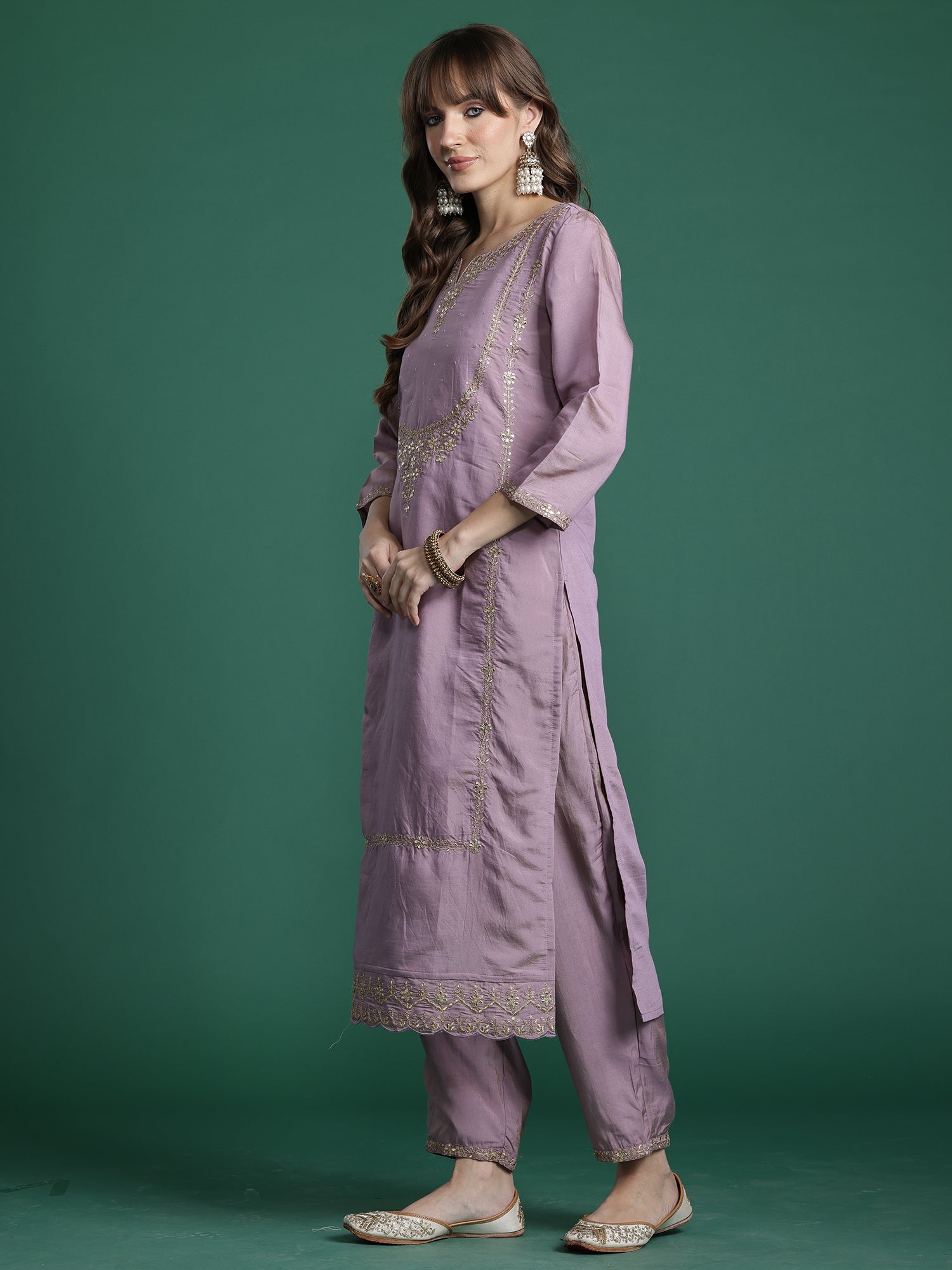 Indo Era Pink Embroidered Straight Kurta Trousers With Dupatta Set- IE