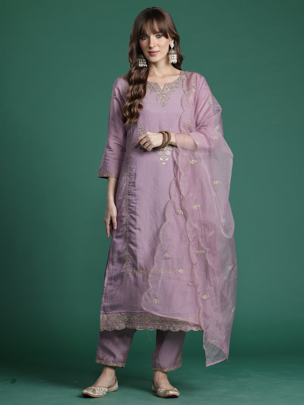 Indo Era Pink Embroidered Straight Kurta Trousers With Dupatta Set- IE