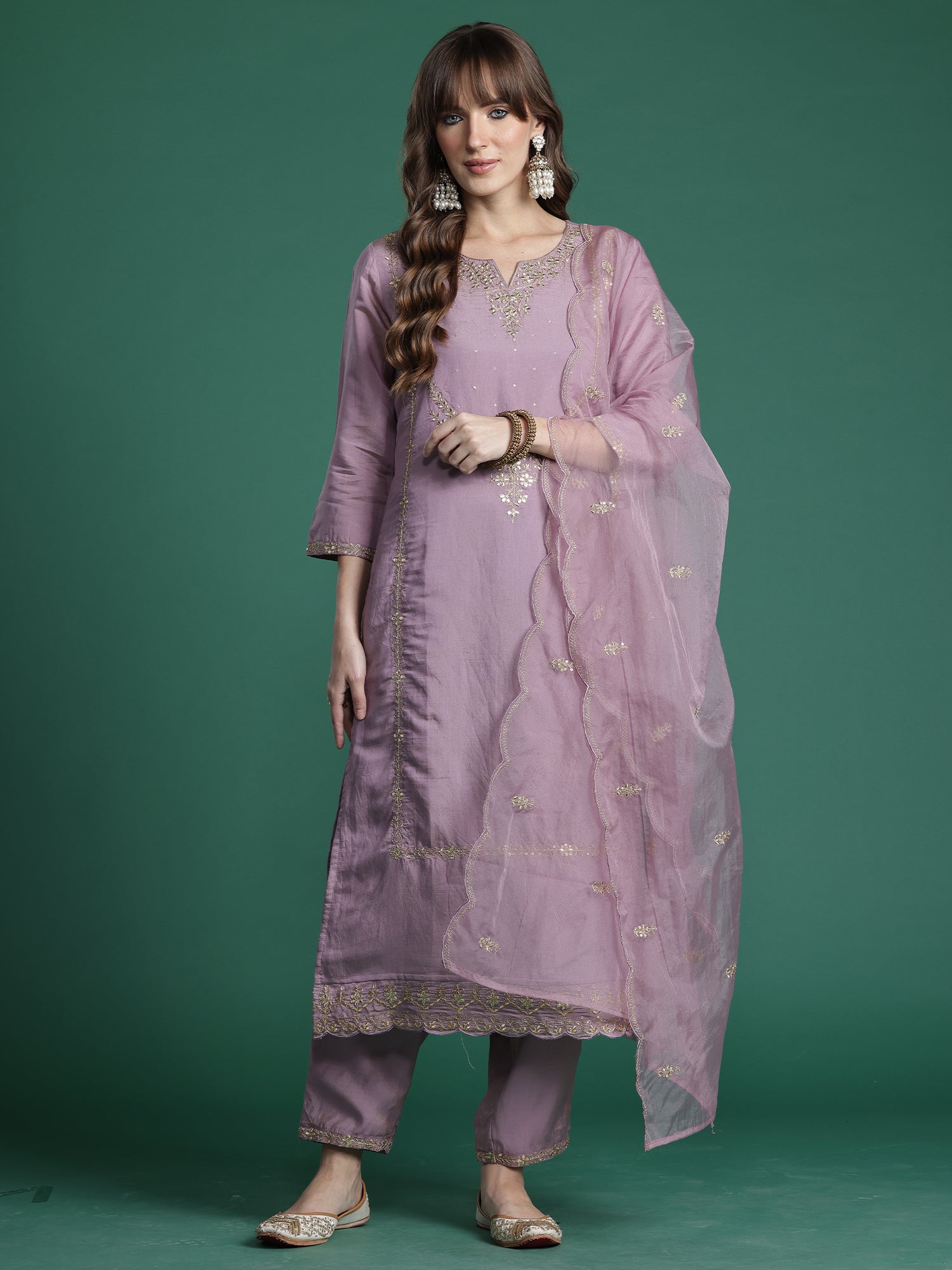 Indo Era Pink Embroidered Straight Kurta Trousers With Dupatta Set- IE