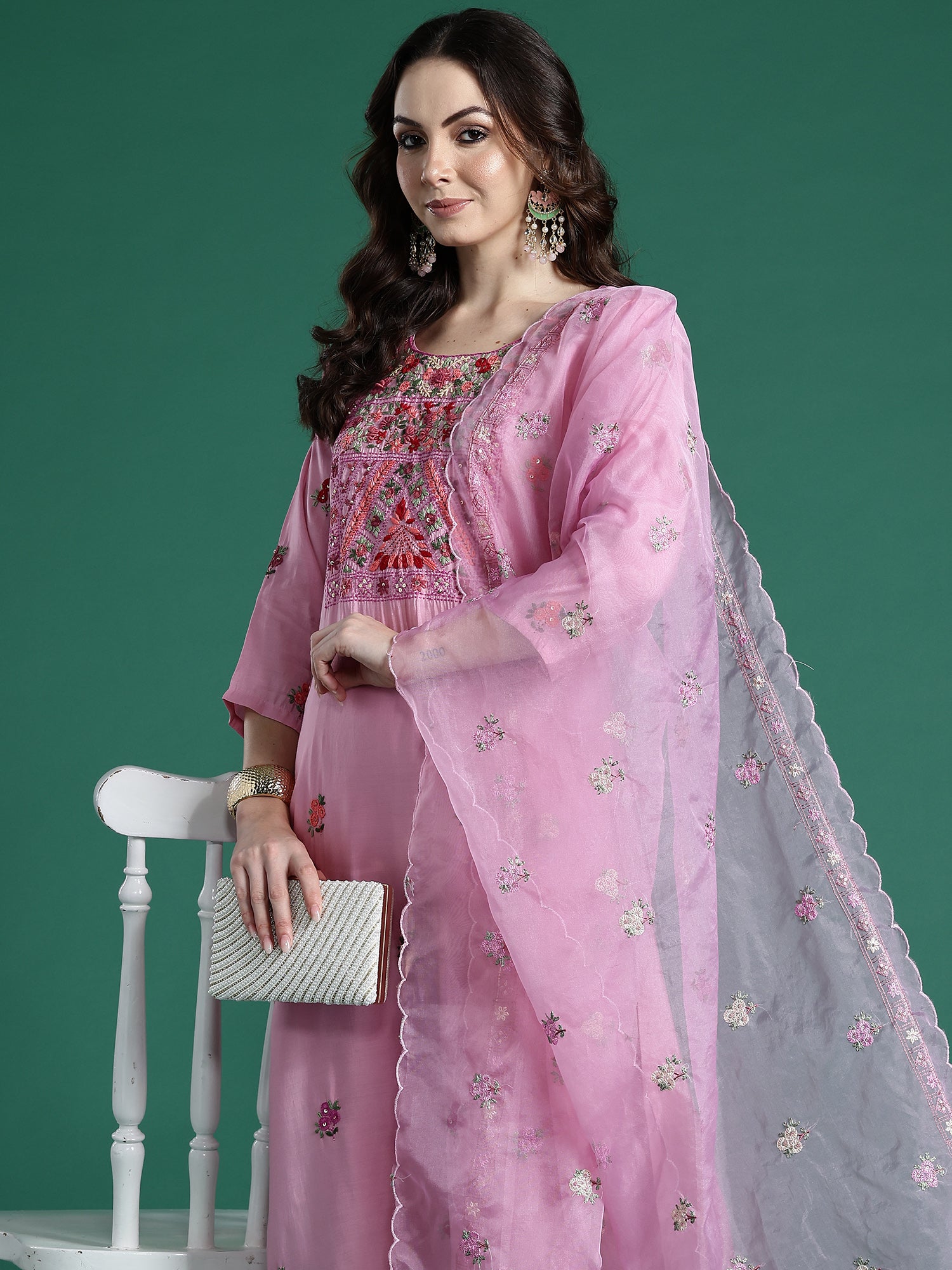 Indo era Pink Embroidered Straight Kurta Trousers With Dupatta Set- IE