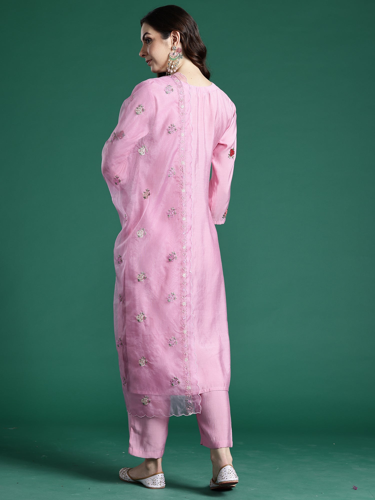 Indo era Pink Embroidered Straight Kurta Trousers With Dupatta Set- IE