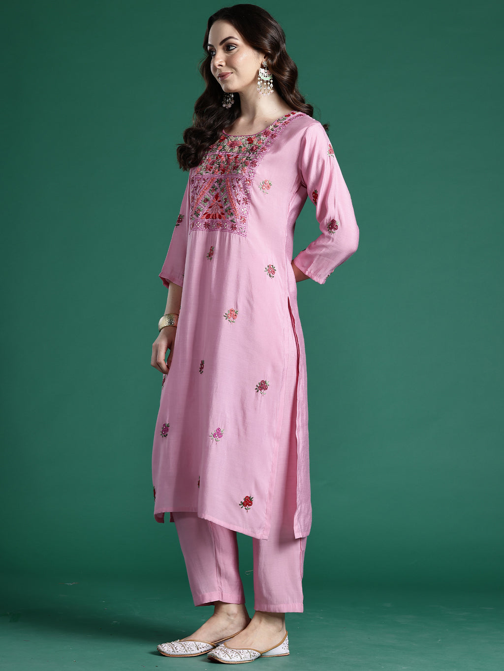 Indo era Pink Embroidered Straight Kurta Trousers With Dupatta Set- IE