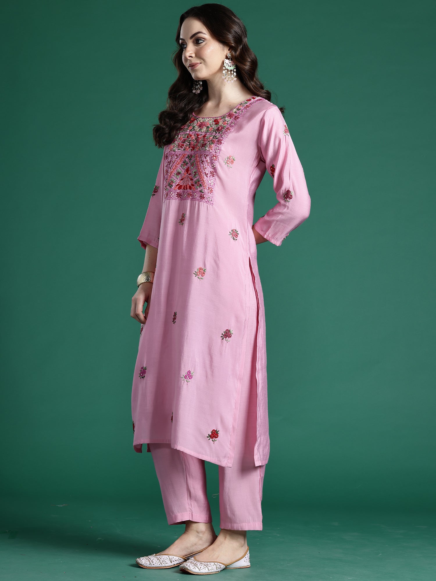 Indo era Pink Embroidered Straight Kurta Trousers With Dupatta Set- IE