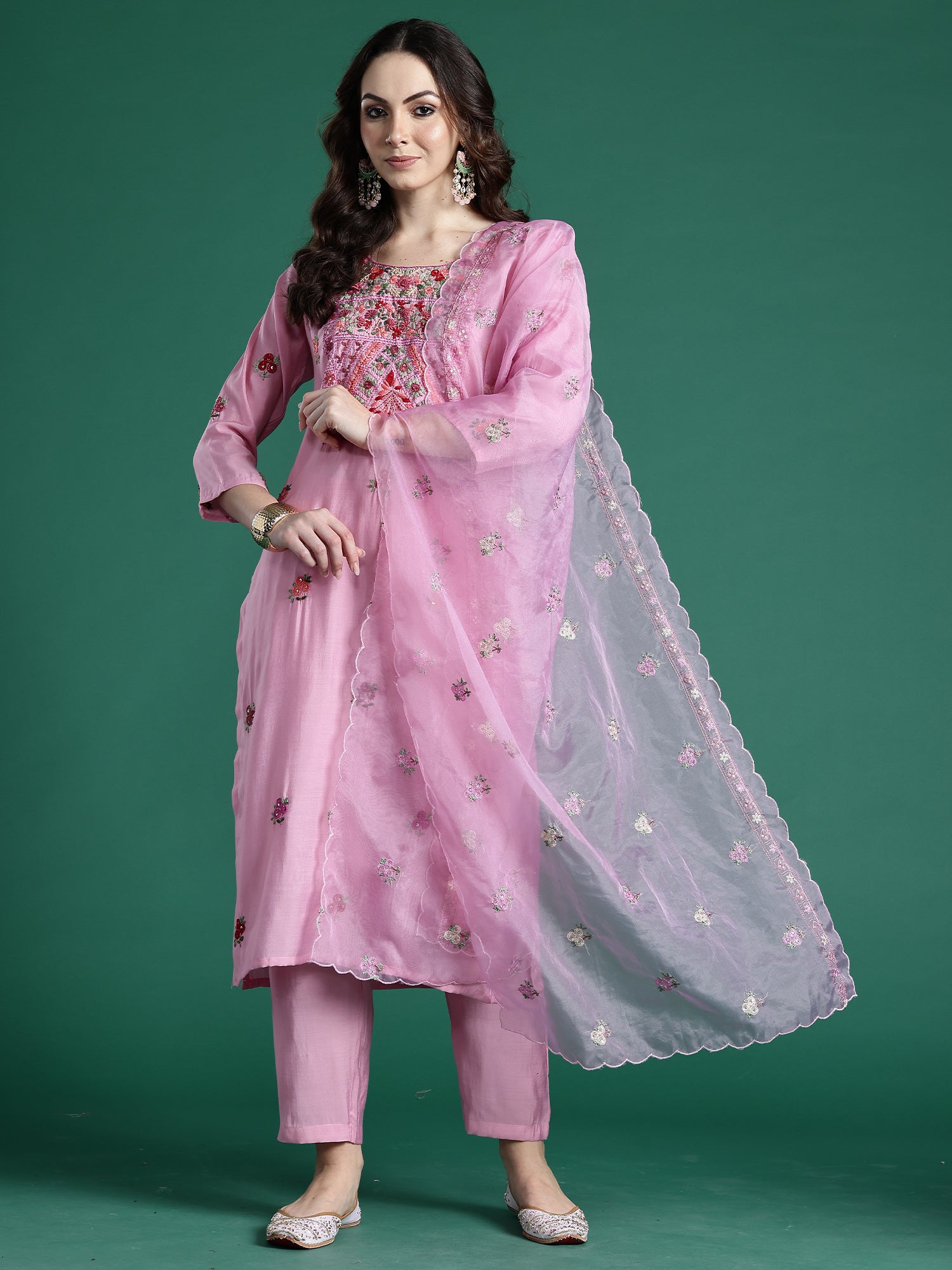 Indo era Pink Embroidered Straight Kurta Trousers With Dupatta Set- IE