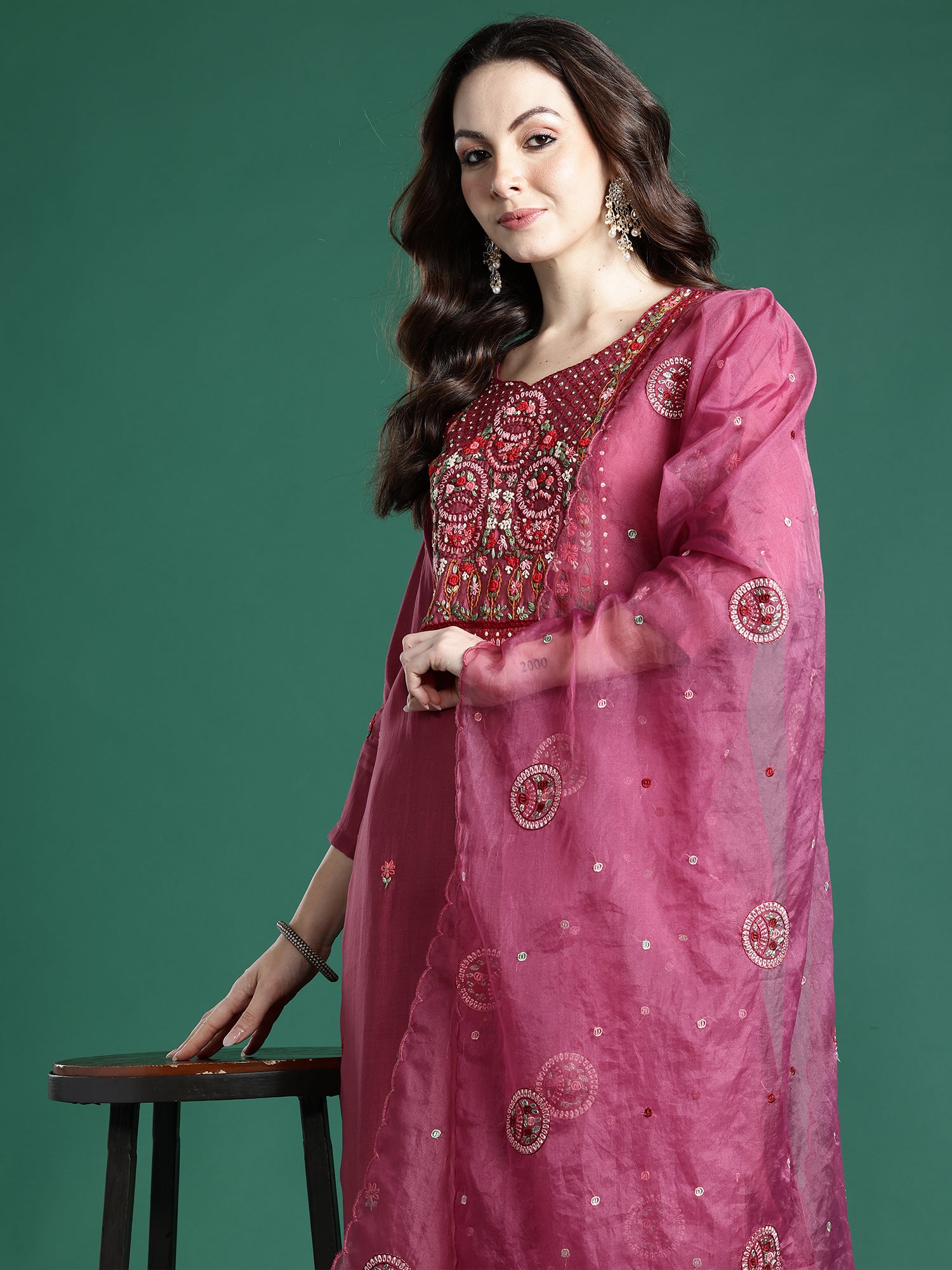 Indo era Pink Embroidered Straight Kurta Trousers With Dupatta Set- IE