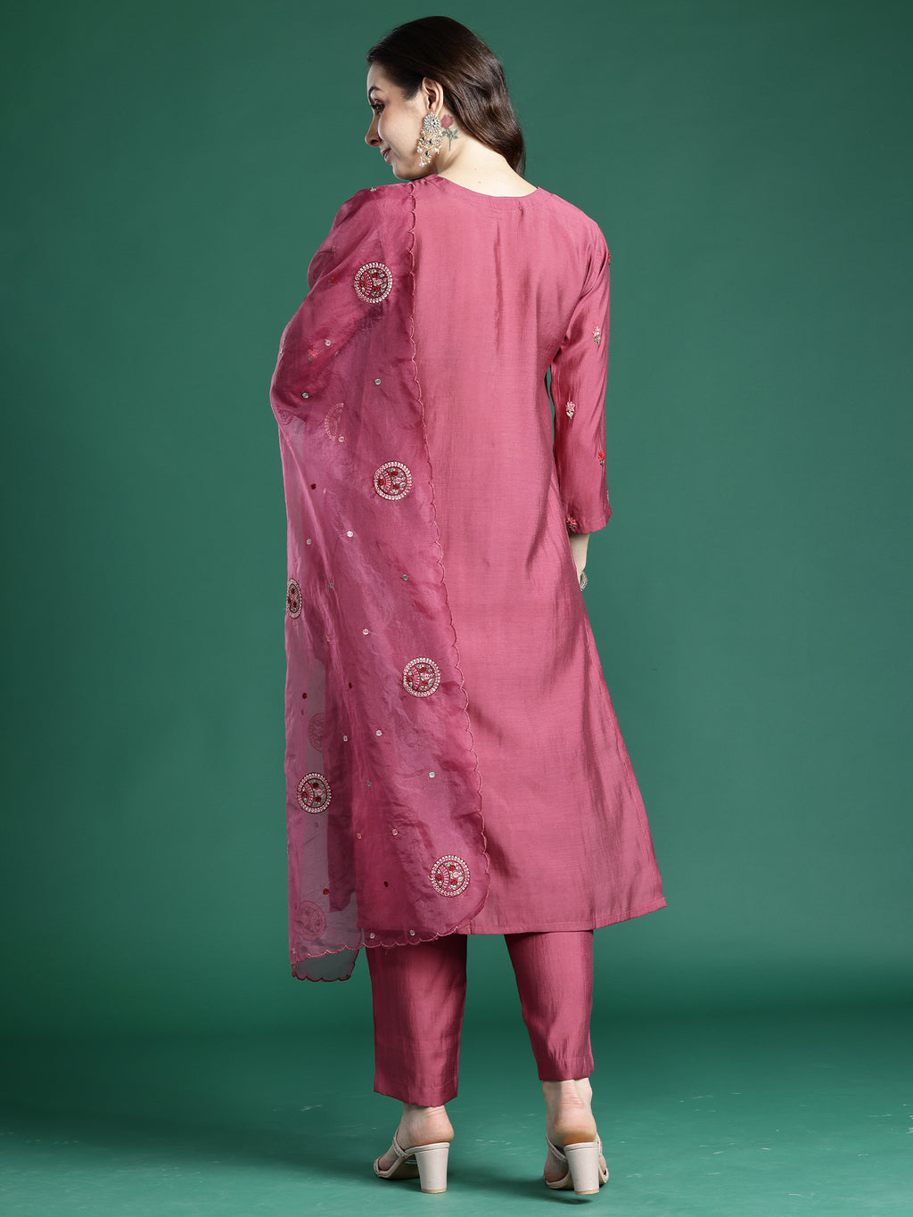 Indo era Pink Embroidered Straight Kurta Trousers With Dupatta Set- IE