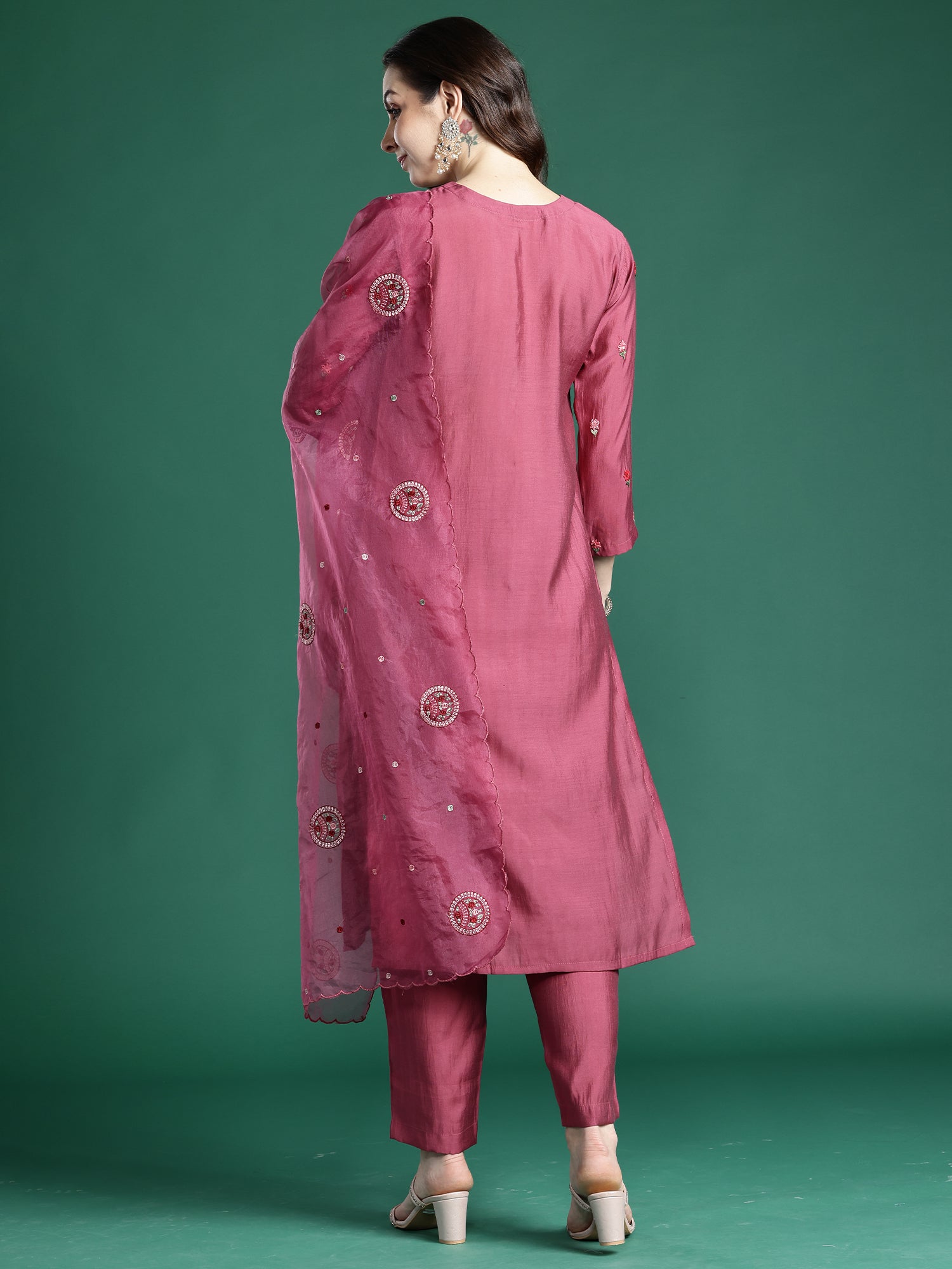 Indo era Pink Embroidered Straight Kurta Trousers With Dupatta Set- IE