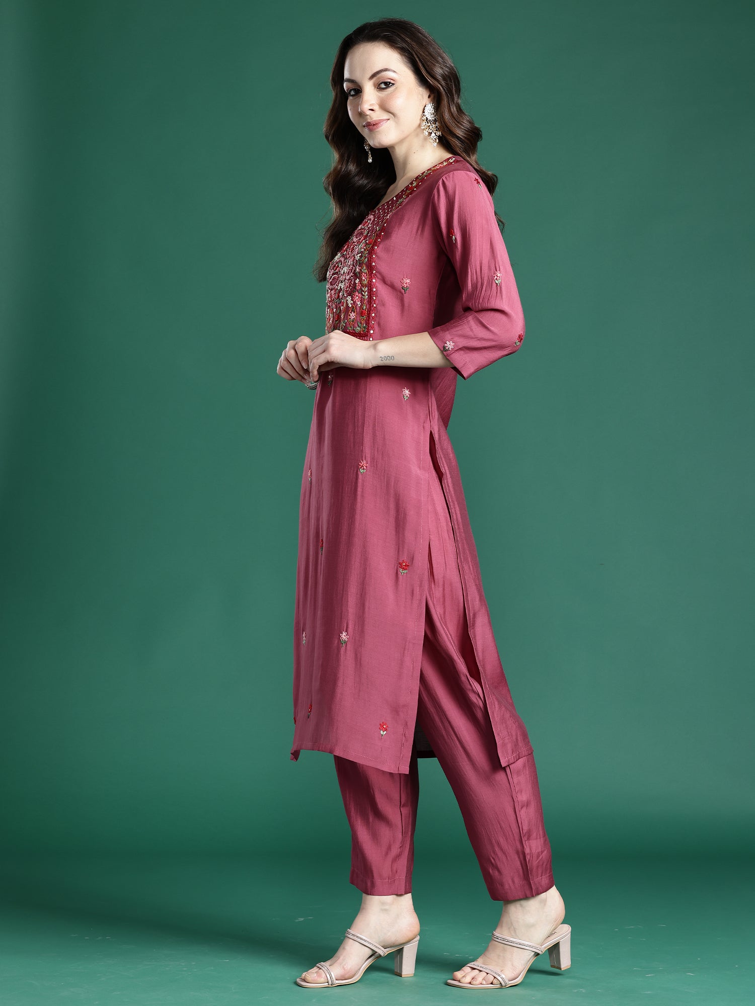 Indo era Pink Embroidered Straight Kurta Trousers With Dupatta Set- IE
