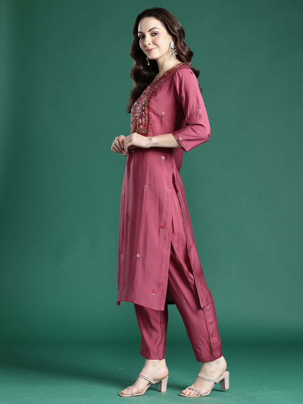 Indo era Pink Embroidered Straight Kurta Trousers With Dupatta Set- IE