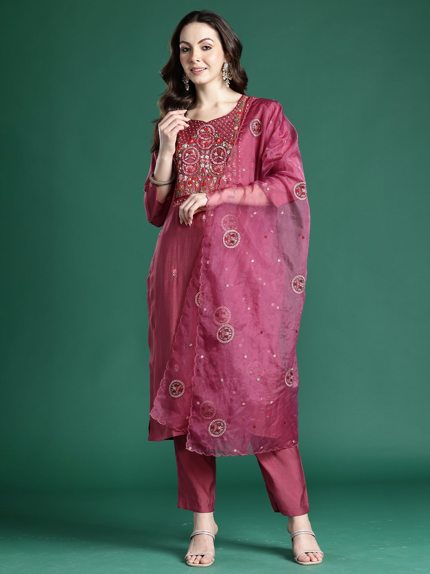 Indo era Pink Embroidered Straight Kurta Trousers With Dupatta Set- IE