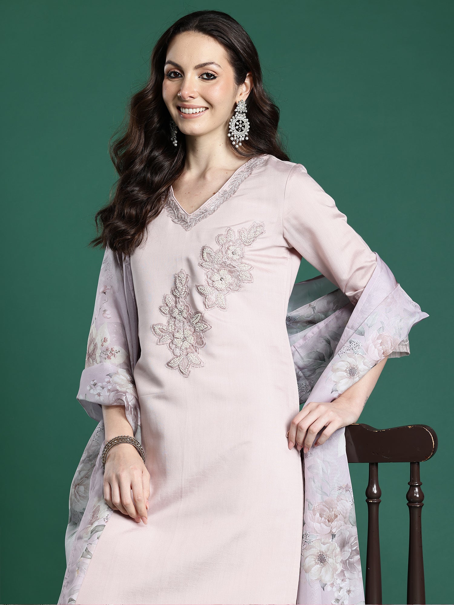 Indo Era Pink Embroidered Straight Kurta Trousers With Dupatta set- IE