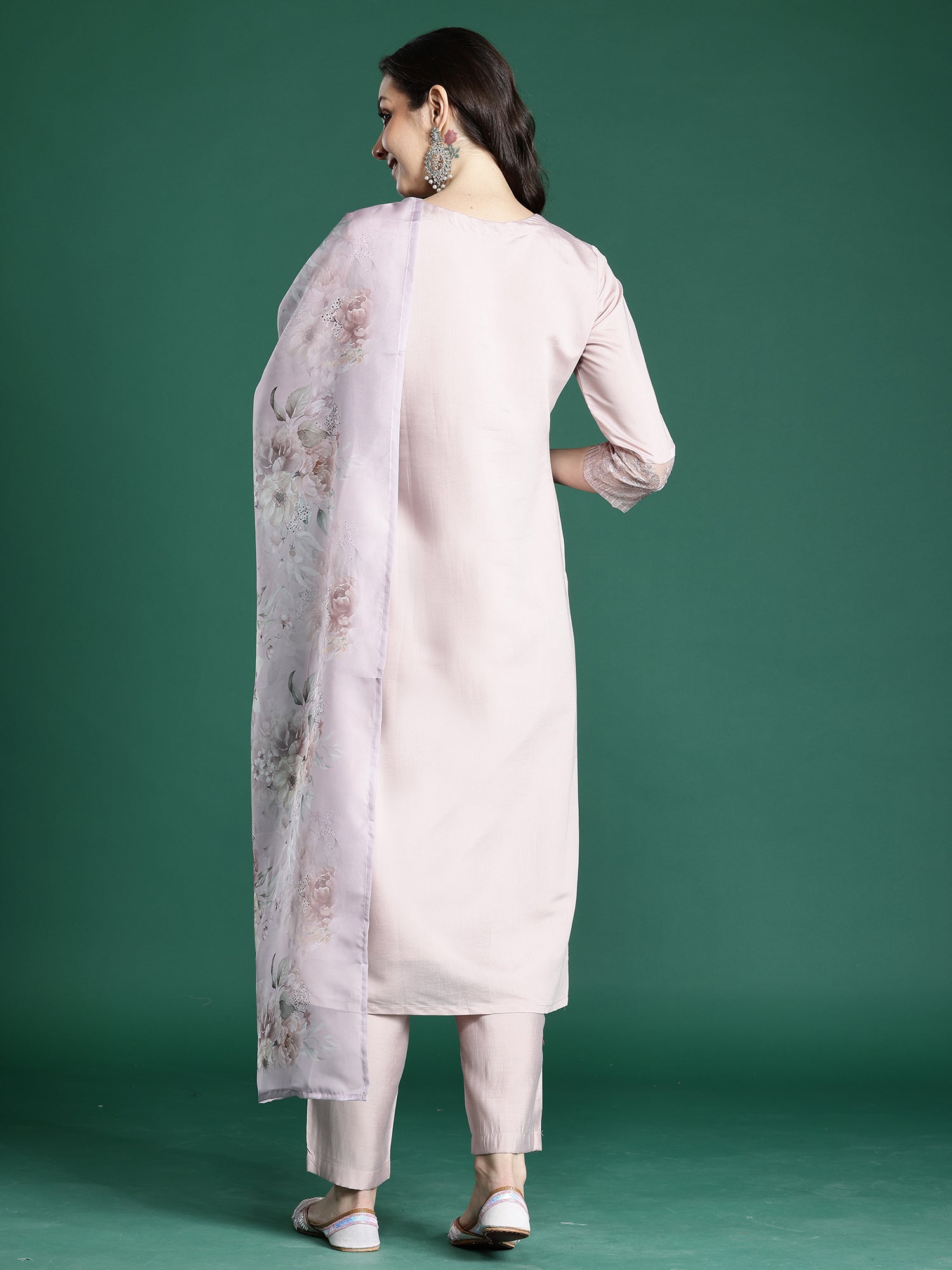 Indo Era Pink Embroidered Straight Kurta Trousers With Dupatta set- IE