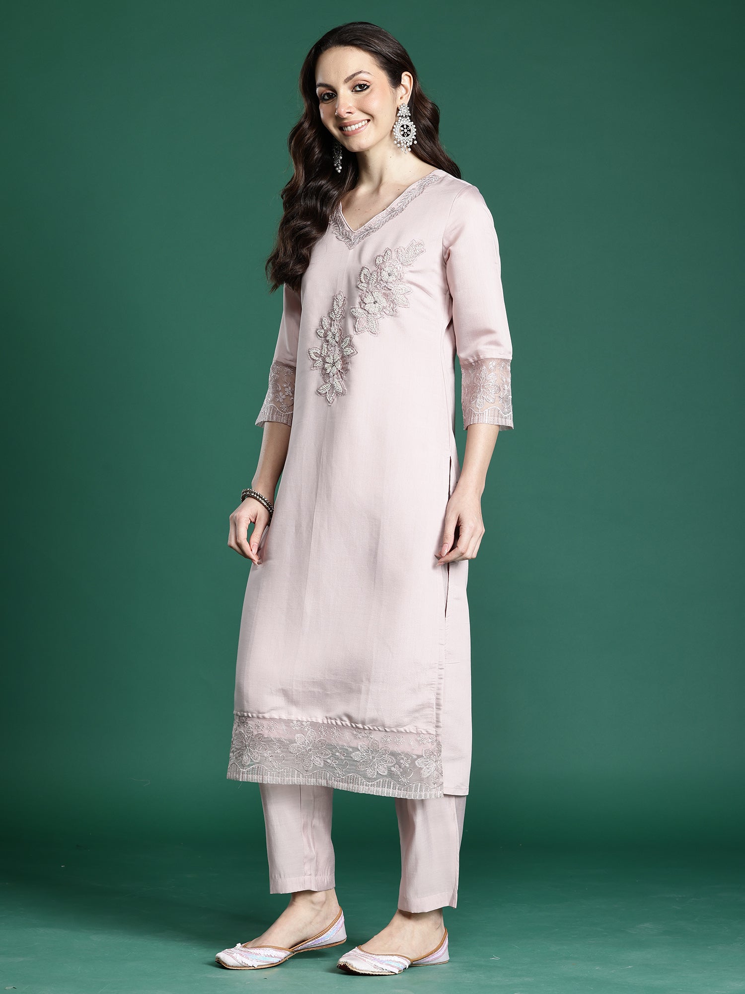Indo Era Pink Embroidered Straight Kurta Trousers With Dupatta set- IE