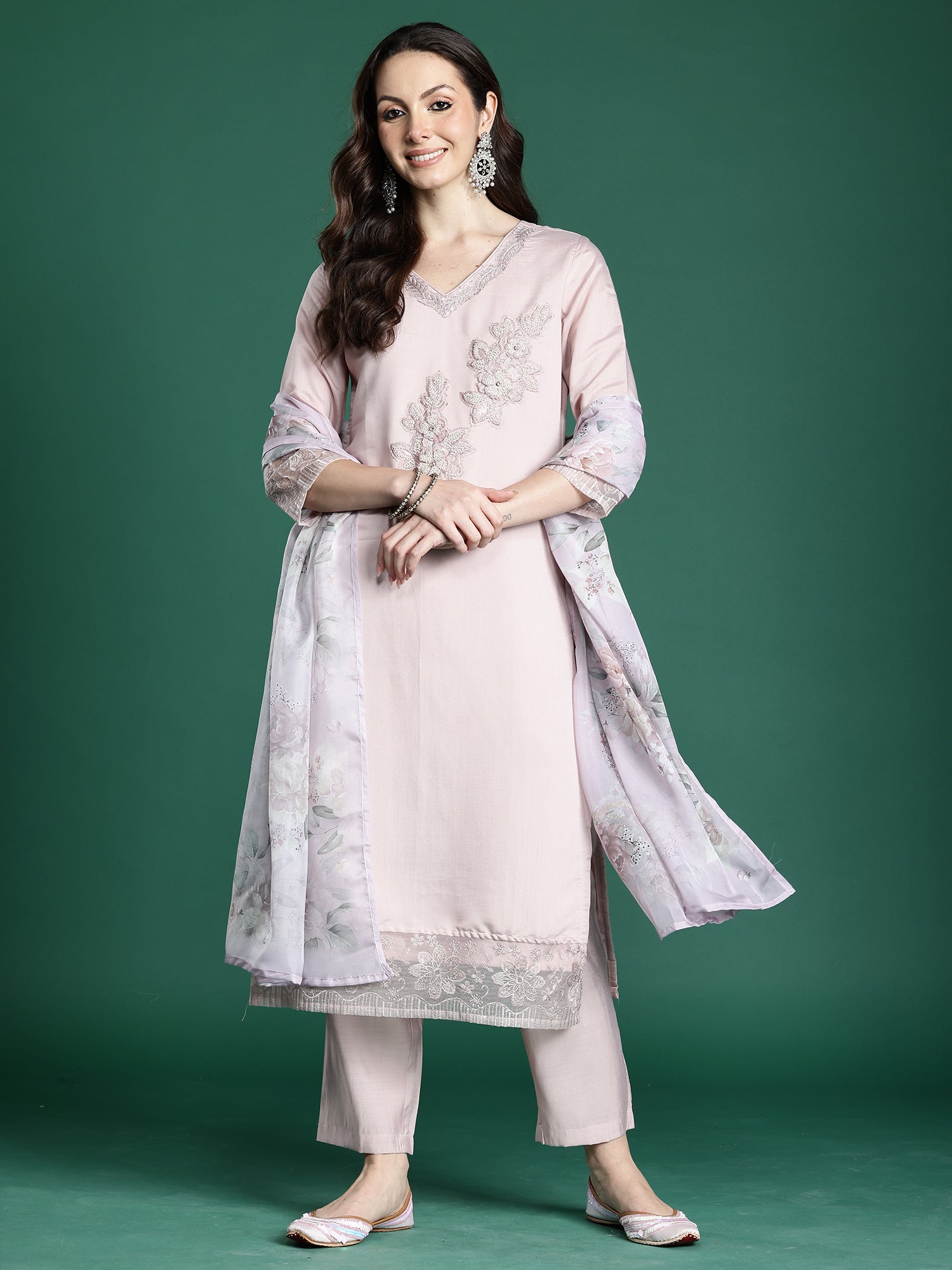 Indo Era Pink Embroidered Straight Kurta Trousers With Dupatta set- IE