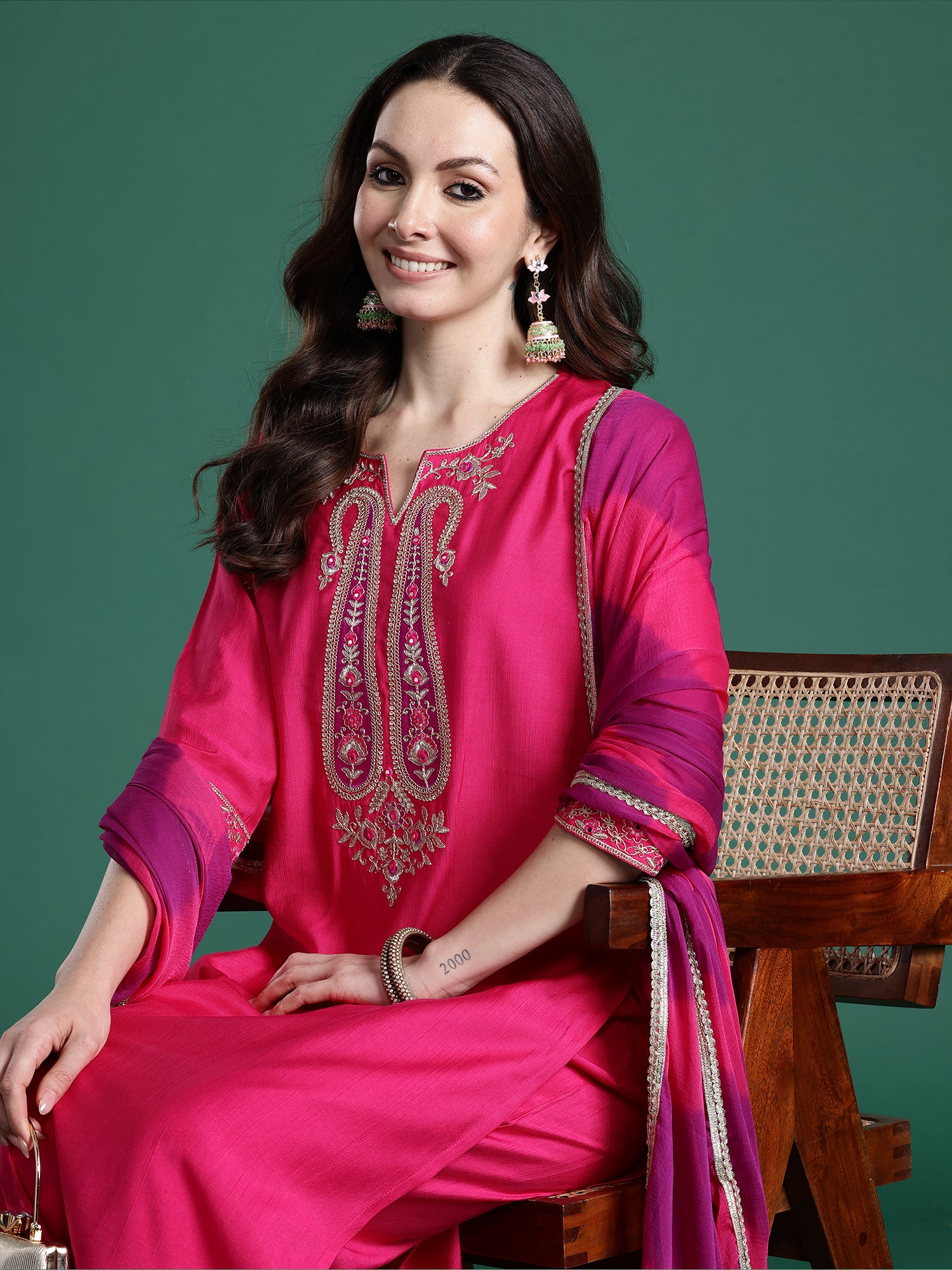 Indo Era Pink Solid Straight Kurta Trousers With Dupatta set- IE