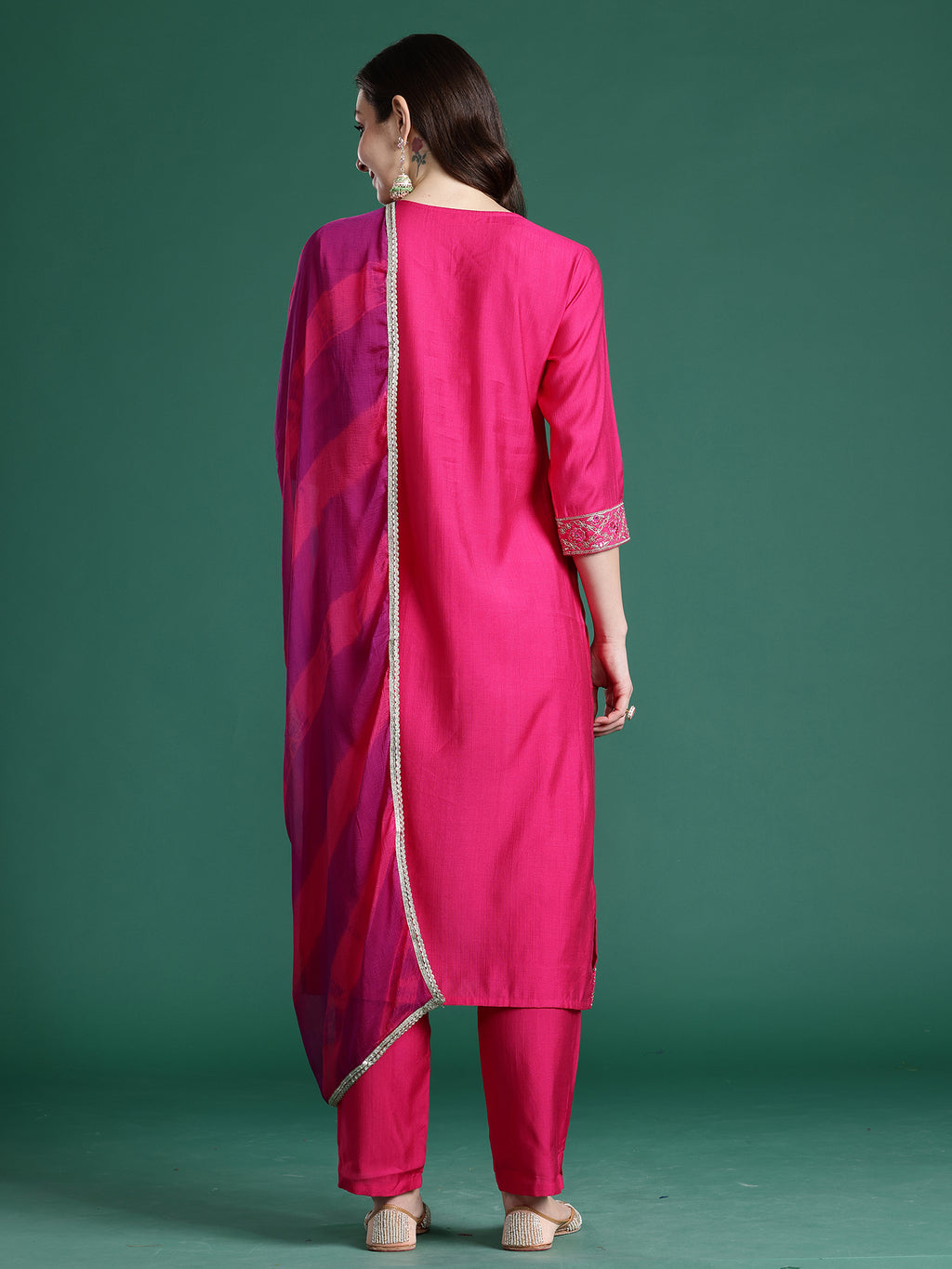 Indo Era Pink Solid Straight Kurta Trousers With Dupatta set- IE