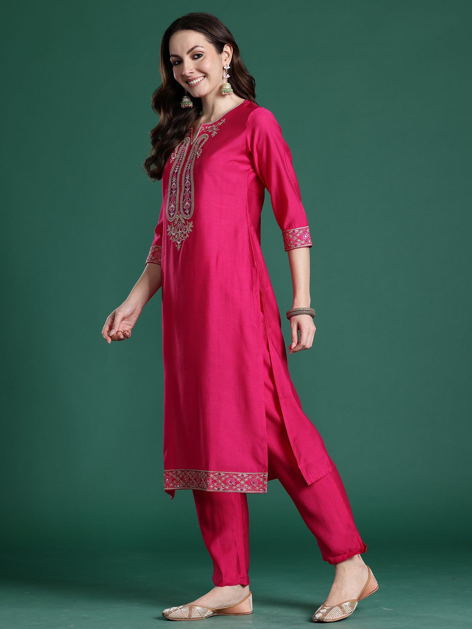 Indo Era Pink Solid Straight Kurta Trousers With Dupatta set- IE