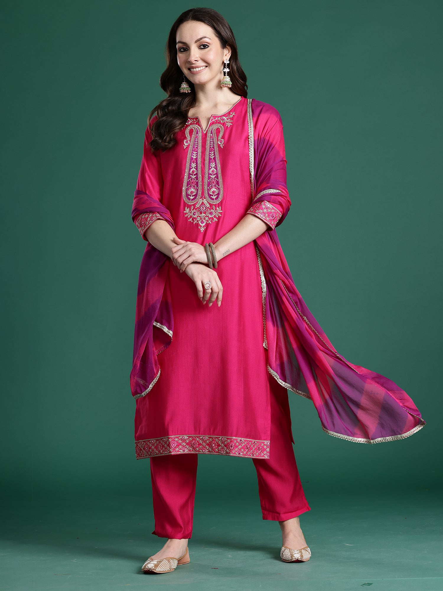Indo Era Pink Solid Straight Kurta Trousers With Dupatta set- IE
