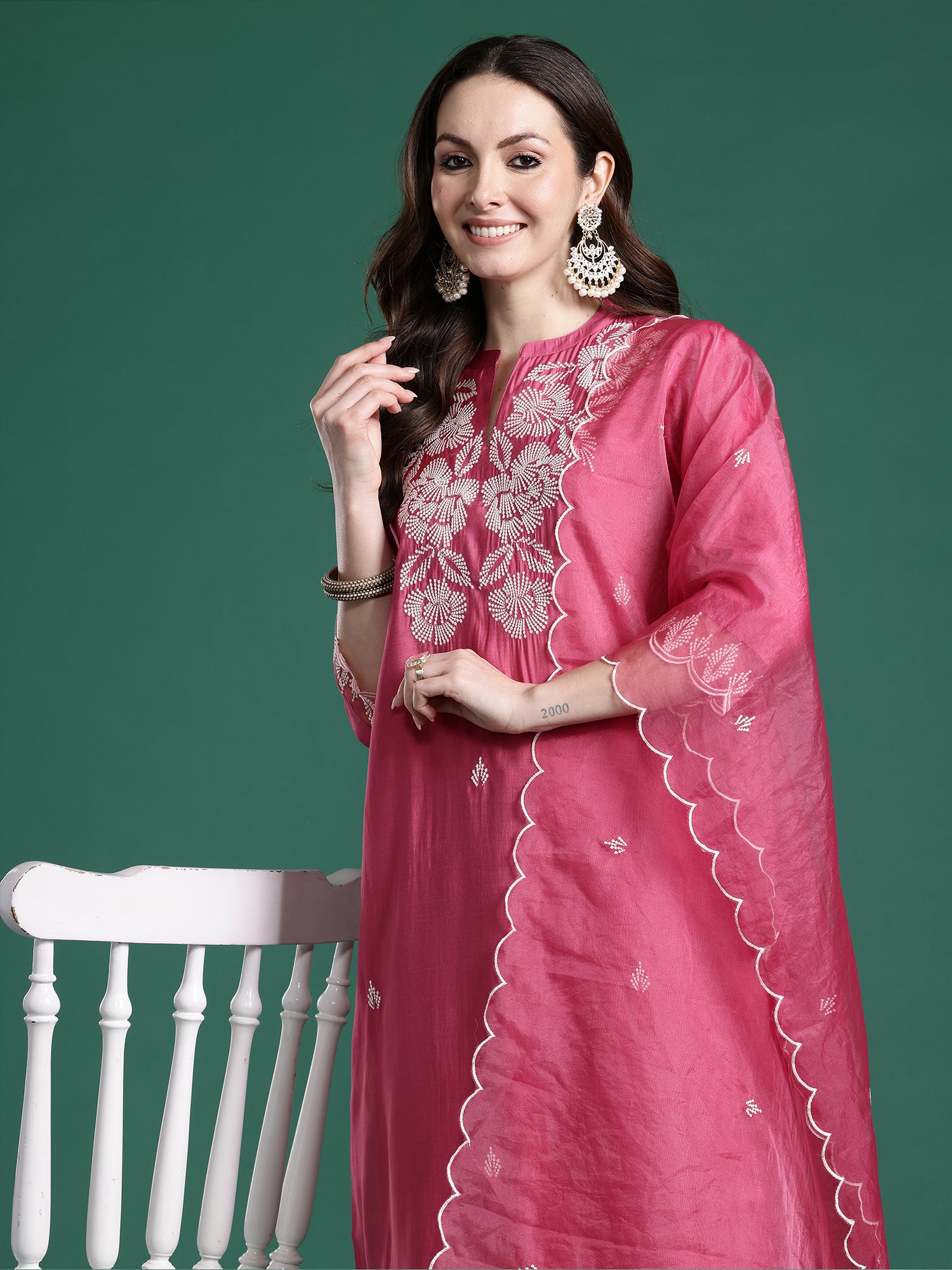 Indo Era Pink Solid Straight Kurta Trousers With Dupatta set- IE