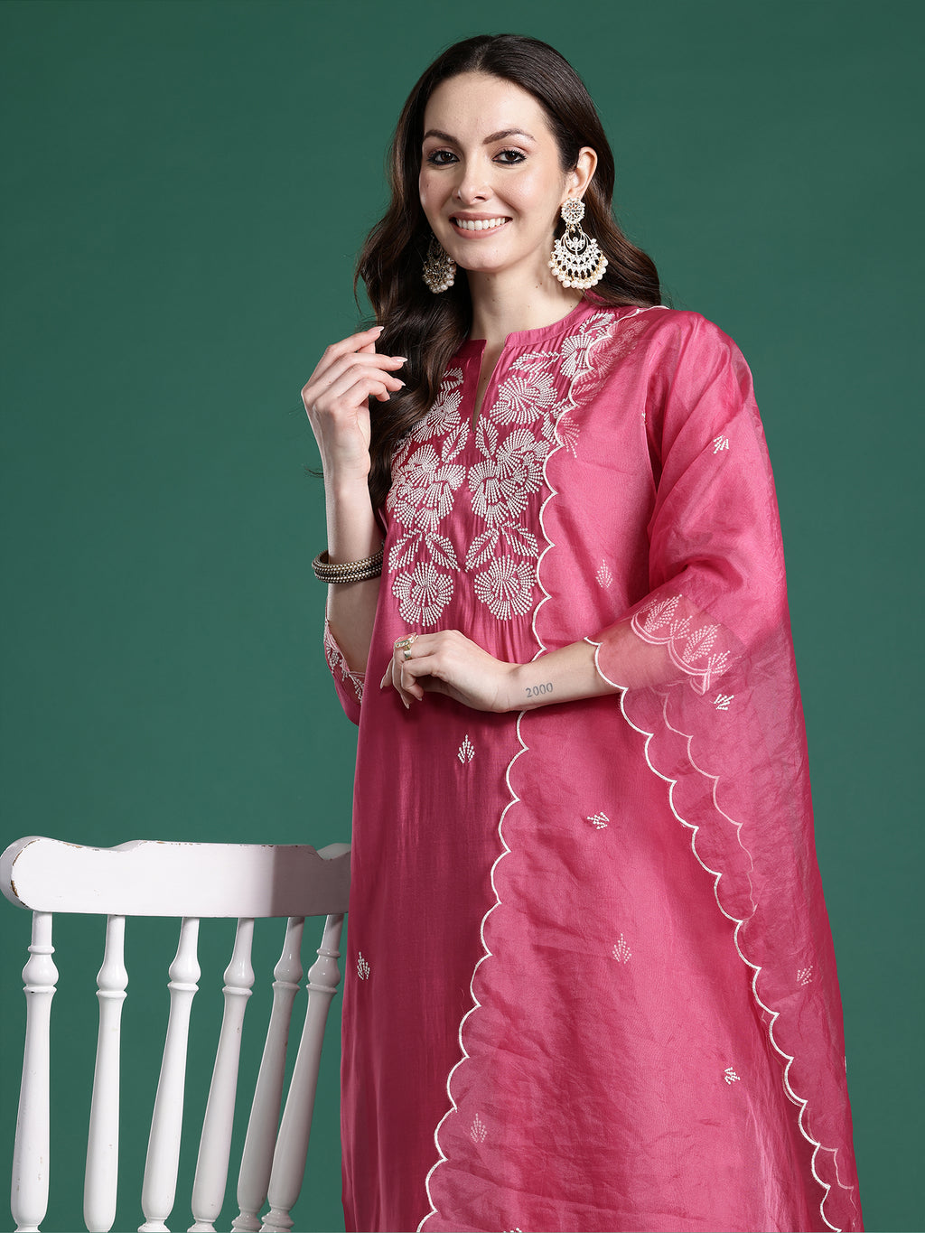 Indo Era Pink Solid Straight Kurta Trousers With Dupatta set- IE
