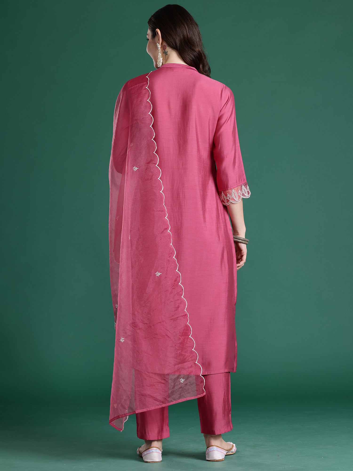 Indo Era Pink Solid Straight Kurta Trousers With Dupatta set- IE