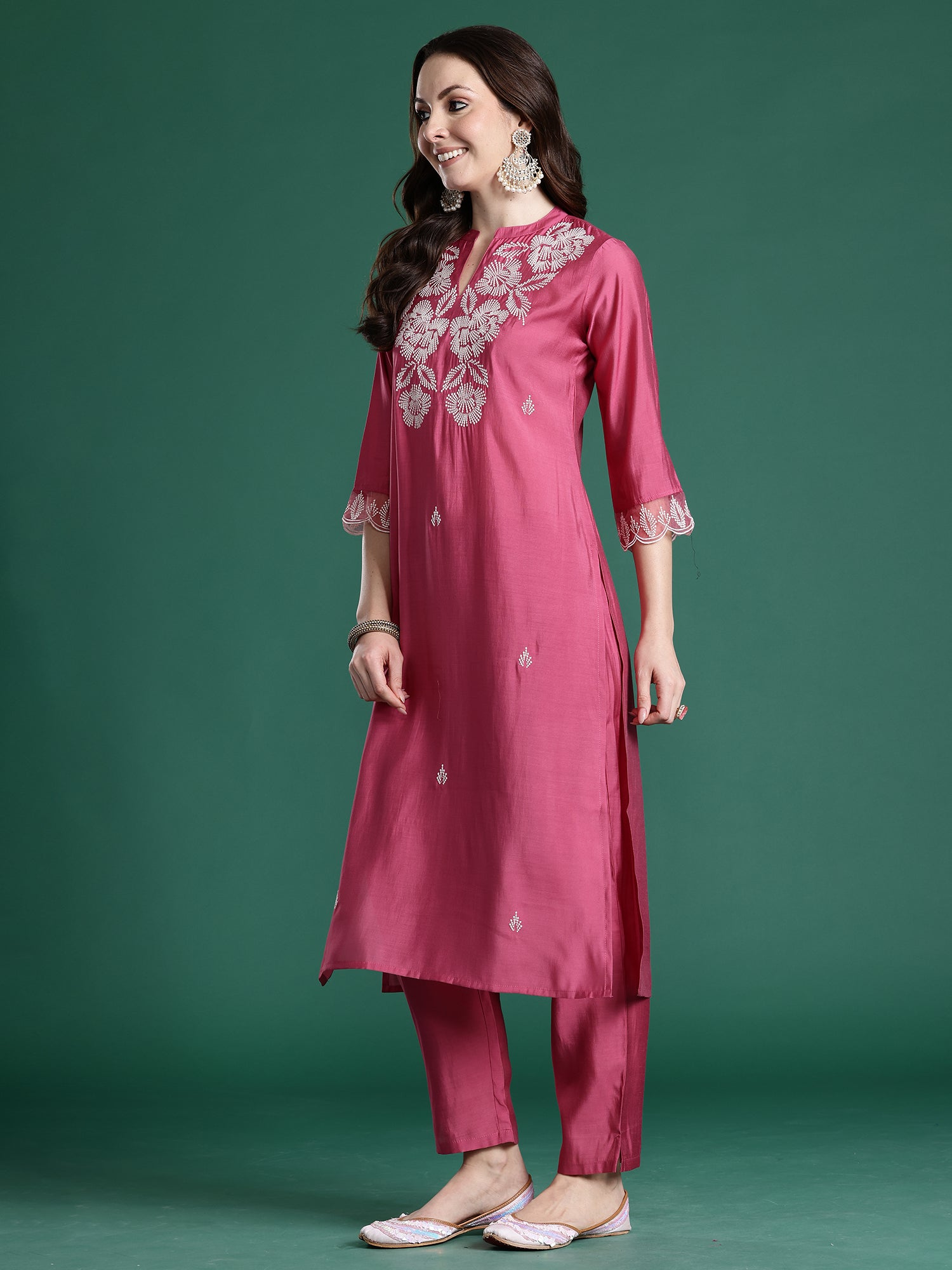 Indo Era Pink Solid Straight Kurta Trousers With Dupatta set- IE
