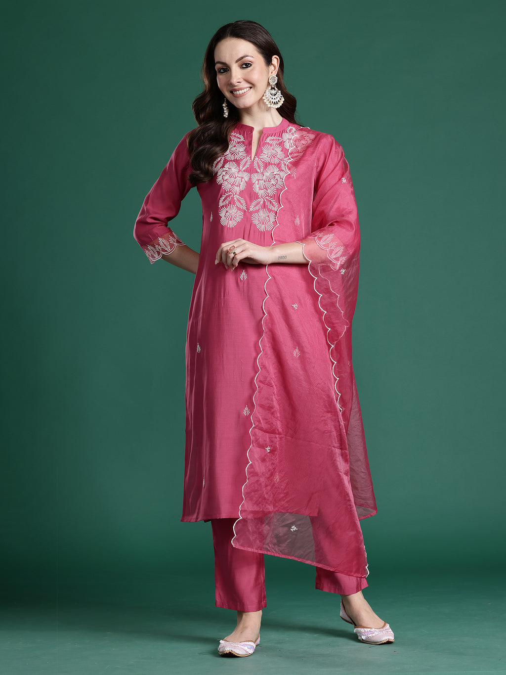 Indo Era Pink Solid Straight Kurta Trousers With Dupatta set- IE