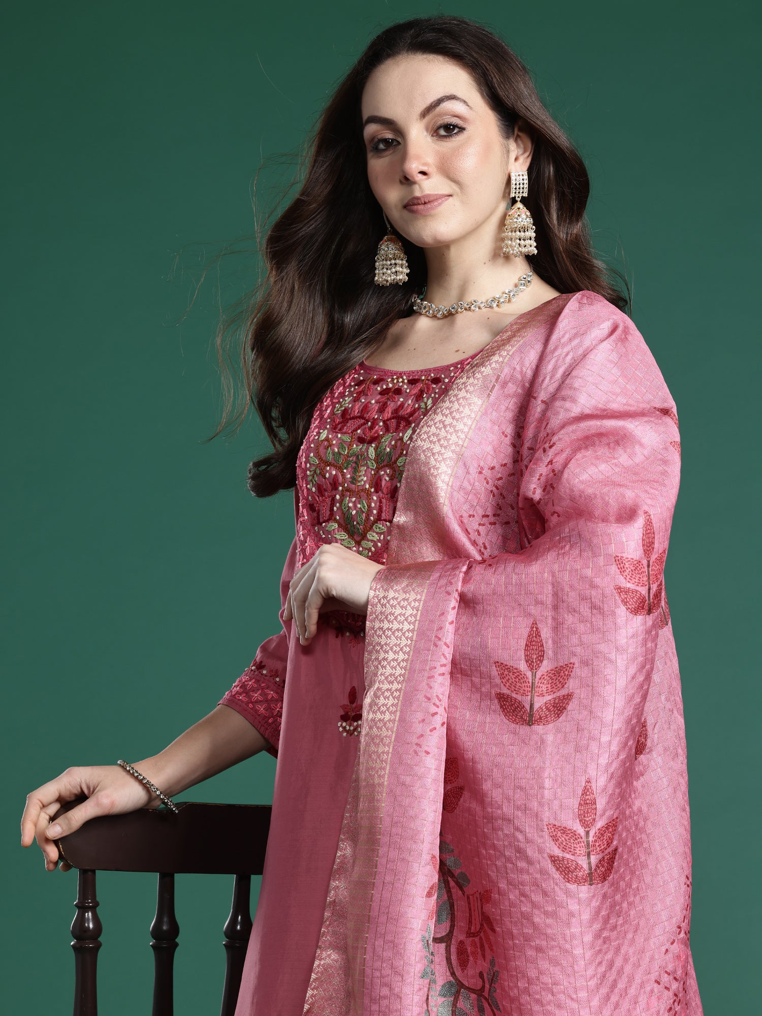 Indo Era Pink Embroidered Straight Kurta Trousers With Dupatta Set- IE