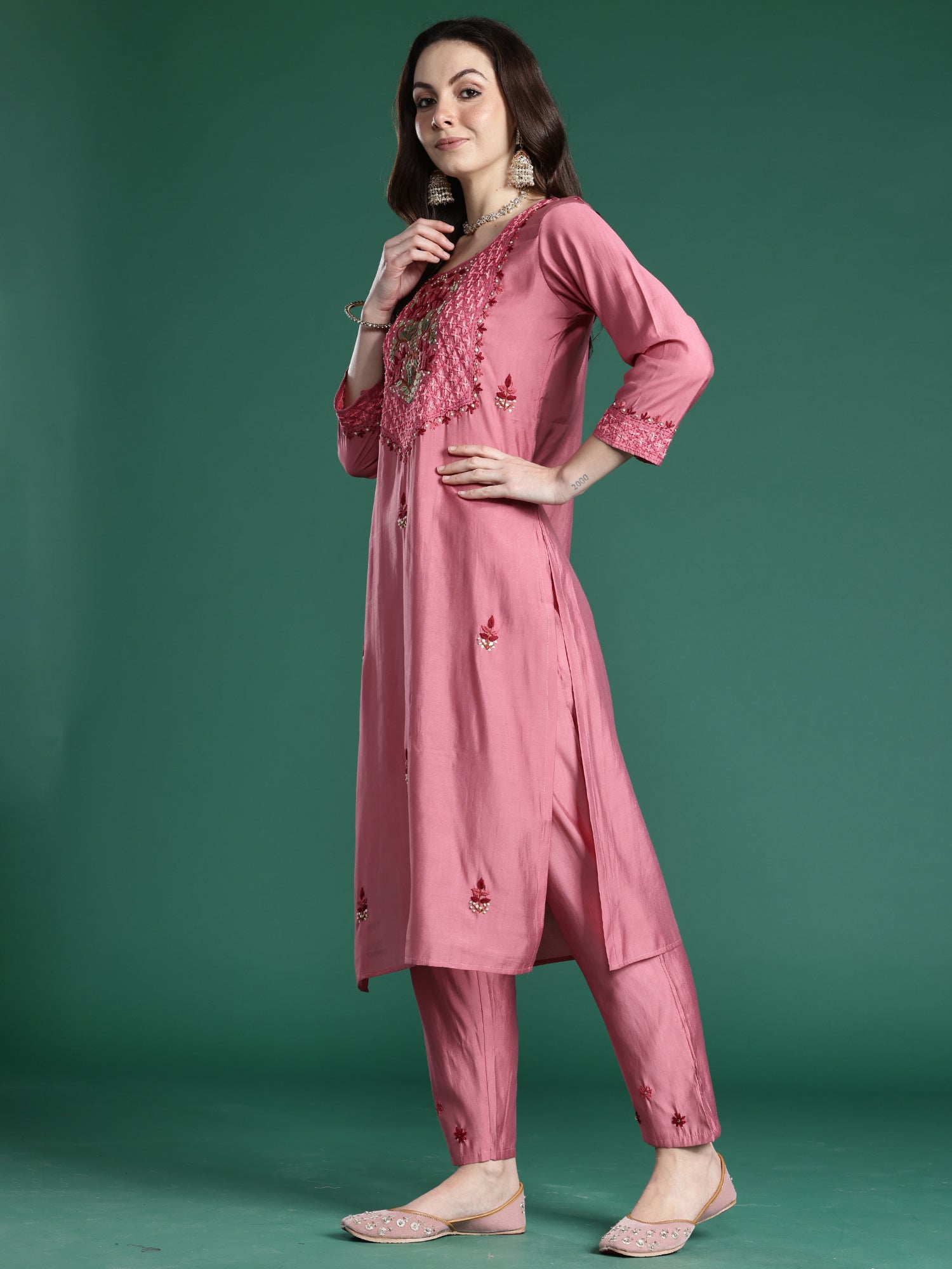 Indo Era Pink Embroidered Straight Kurta Trousers With Dupatta Set- IE