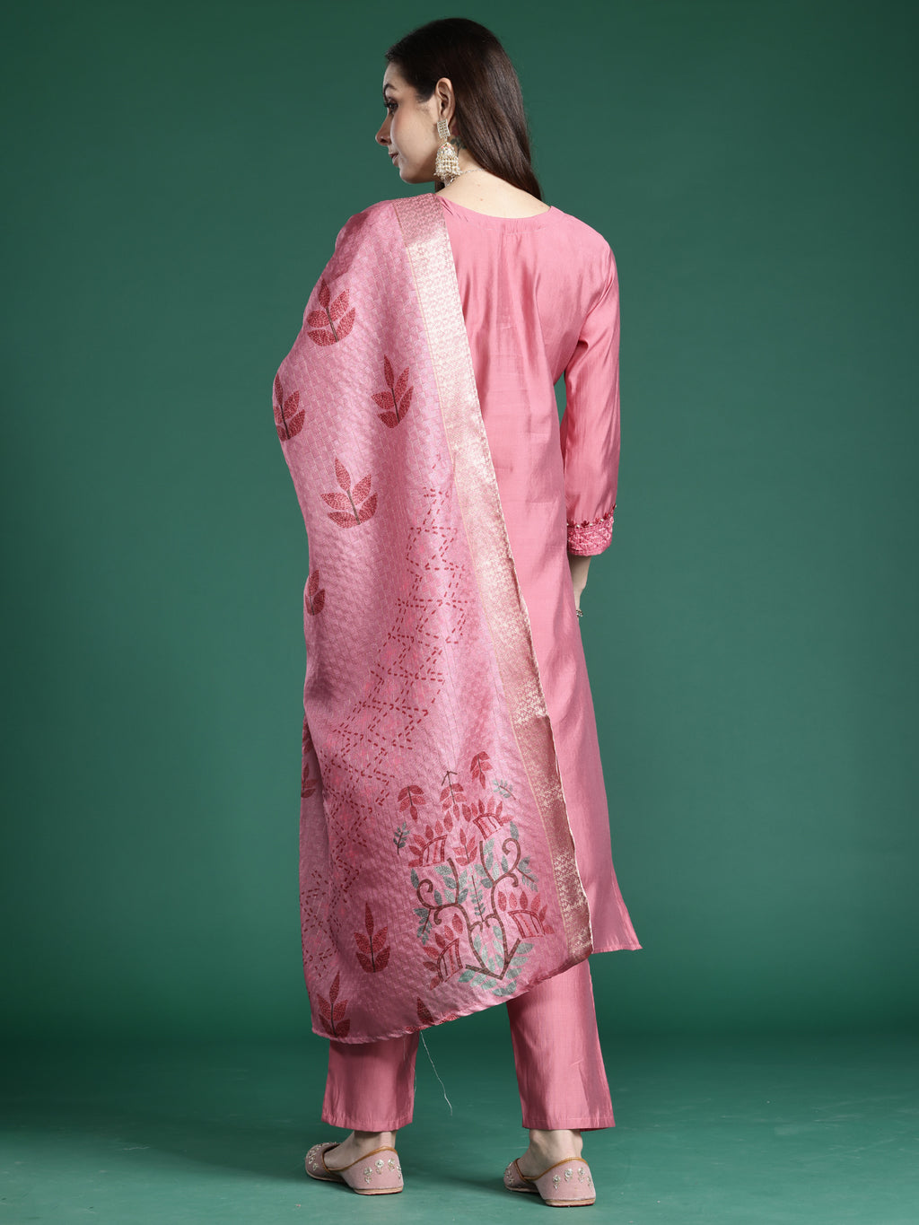 Indo Era Pink Embroidered Straight Kurta Trousers With Dupatta Set- IE