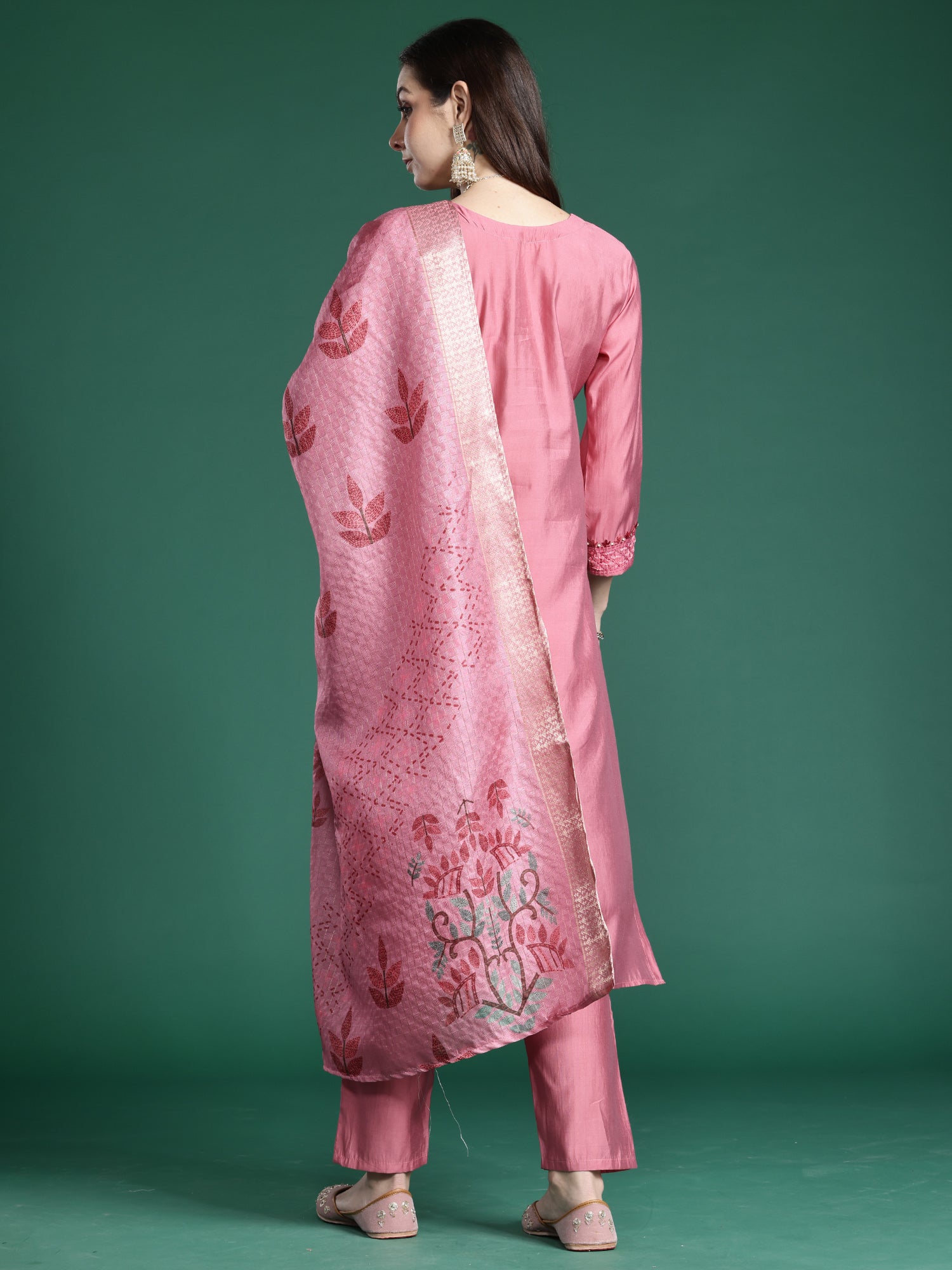 Indo Era Pink Embroidered Straight Kurta Trousers With Dupatta Set- IE