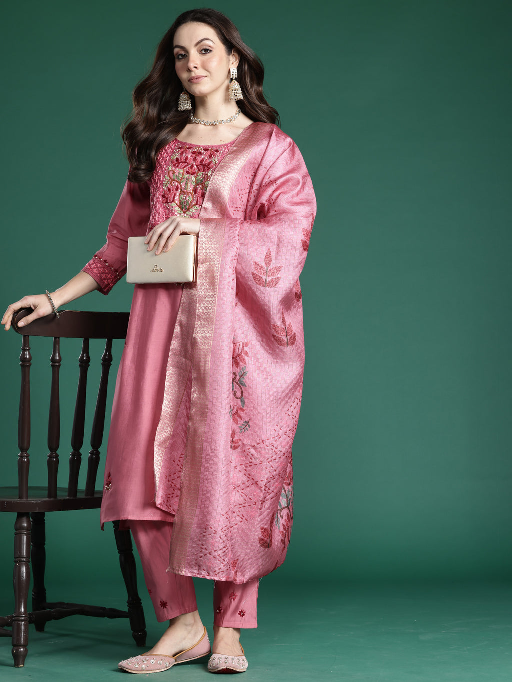Indo Era Pink Embroidered Straight Kurta Trousers With Dupatta Set- IE