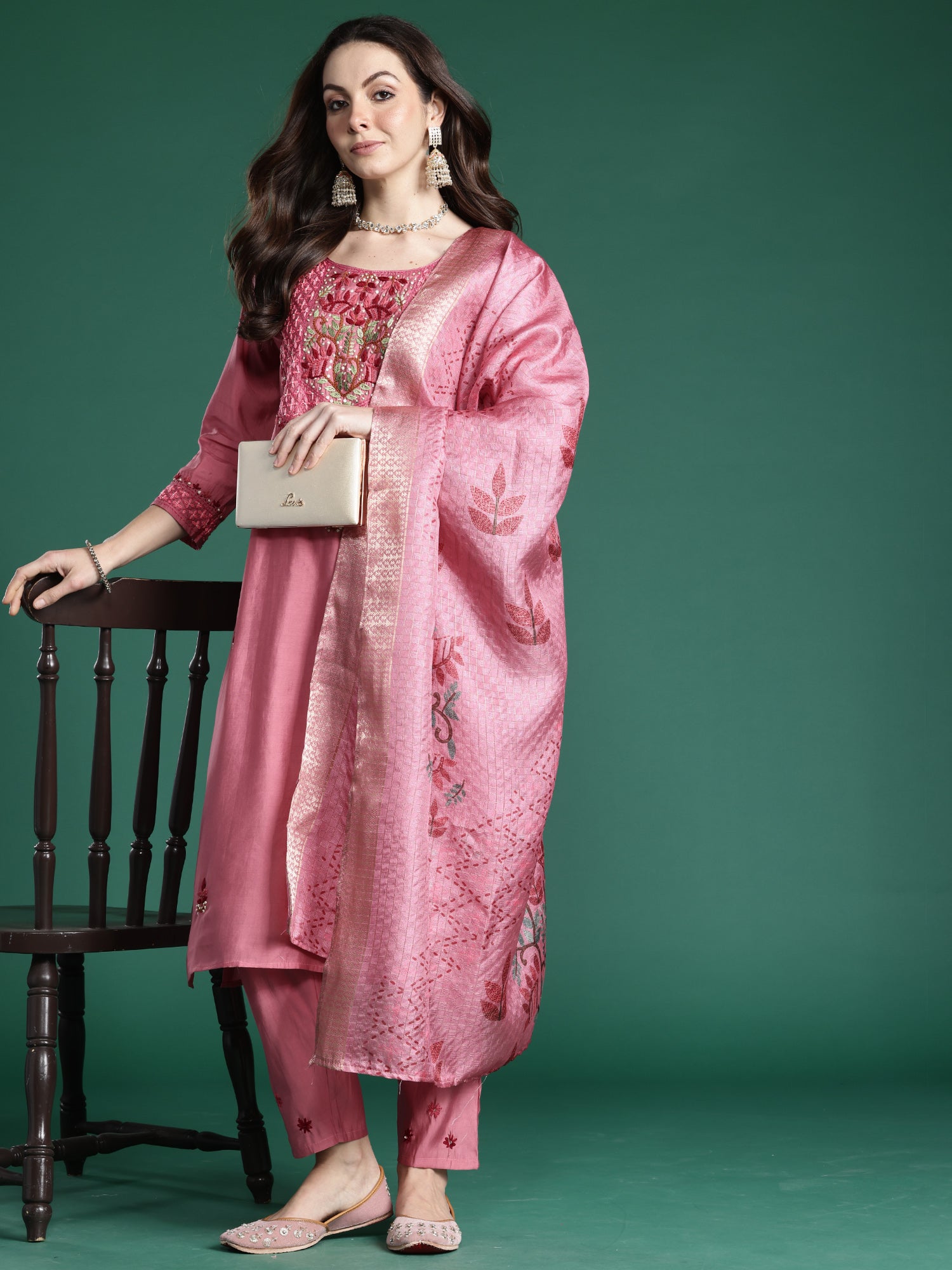 Indo Era Pink Embroidered Straight Kurta Trousers With Dupatta Set- IE
