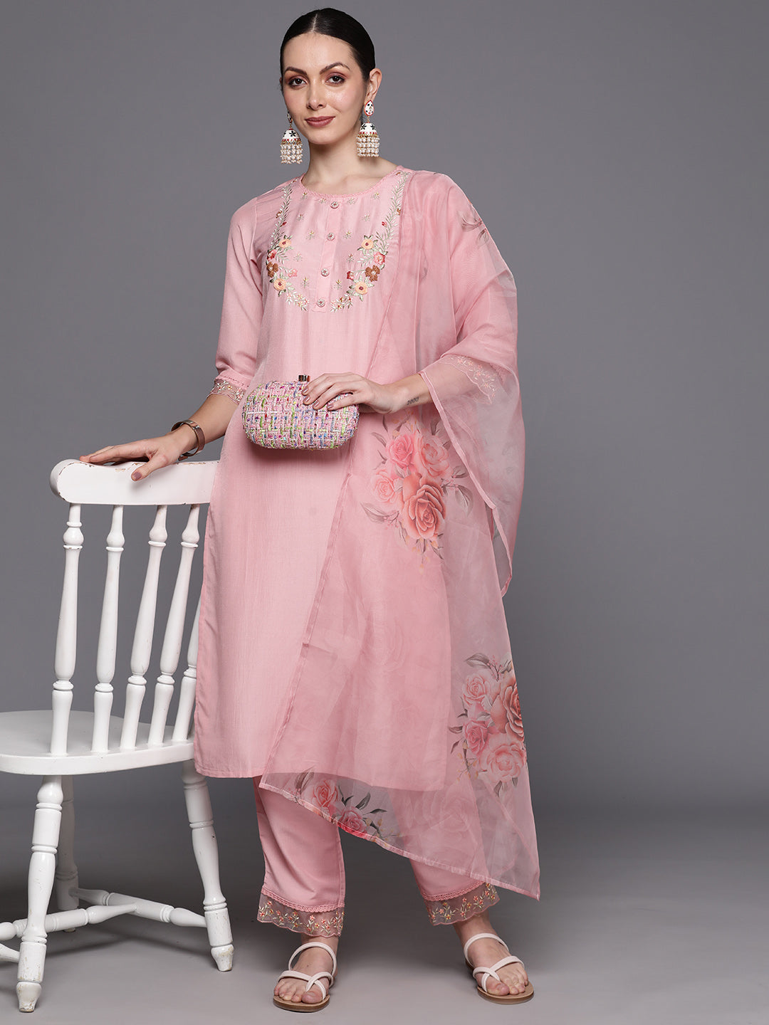 Pink Embroidered Straight Kurta Trousers With Dupatta  Set