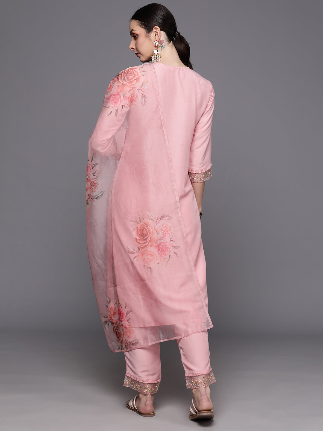 Pink Embroidered Straight Kurta Trousers With Dupatta  Set